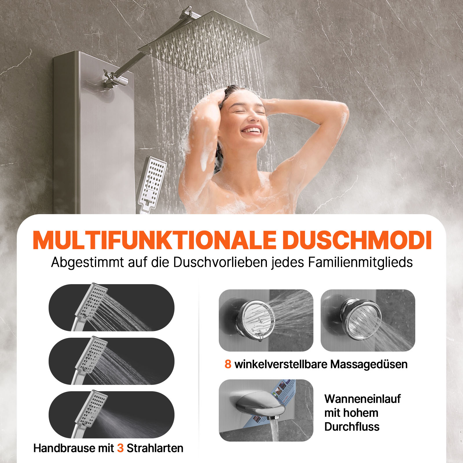 VEVOR Duschpaneelsystem, 5 Duschmodi, Duschpaneelturm mit Digitalanzeige, Regenfall, 8 Massagedüsen, Wannenauslauf, Handbrause mit 3 Einstellungen, 59-Zoll-Schlauch, Wandduschset aus Edelstahl