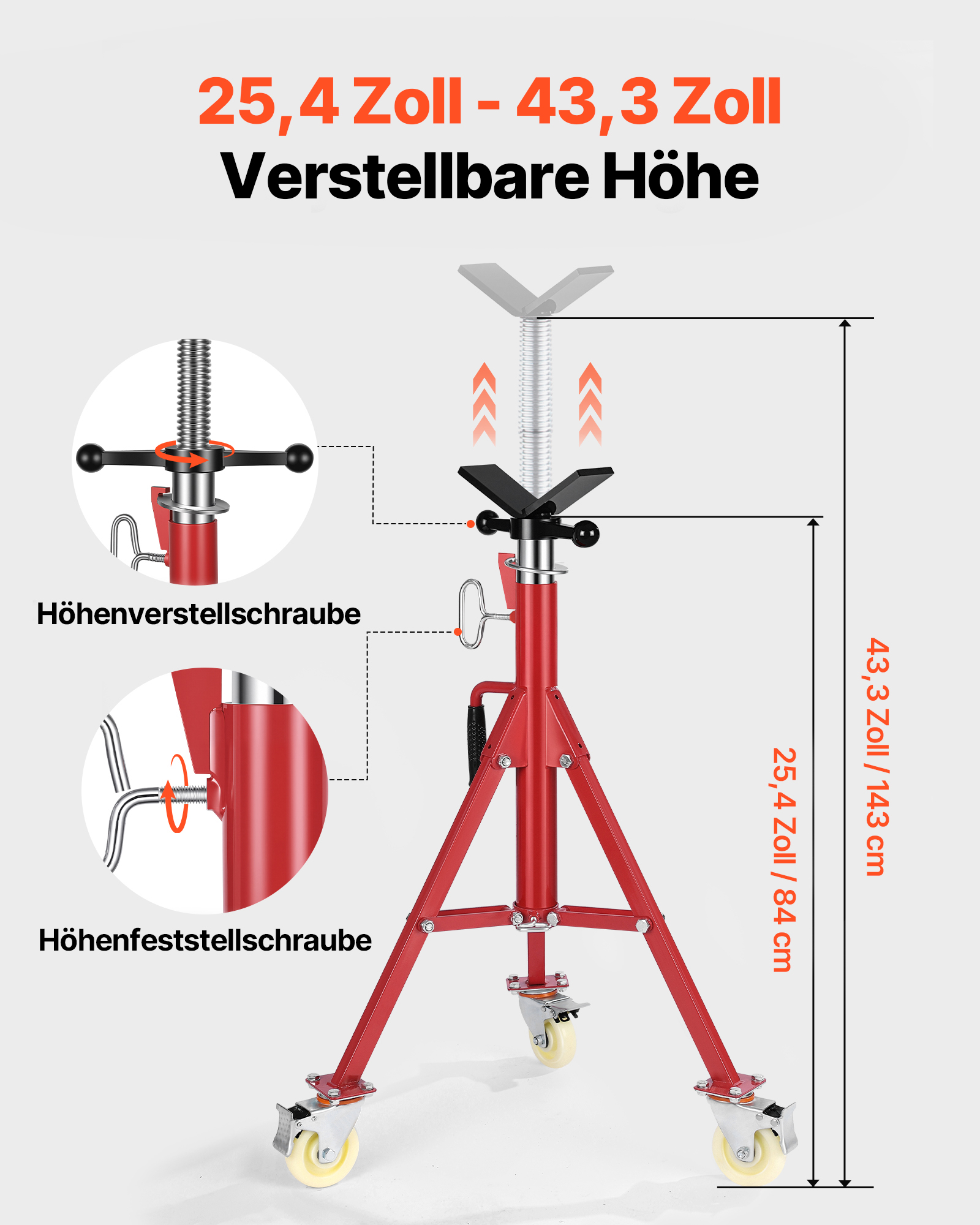 VEVOR Rohrständer 400 kg Kapazität, Rohrstütze mit 2-Kugel-Transfer V-Kopf, Rohrbock höhenverstellbar 20-37 Zoll Höhe, einklappbarer Rohrständer für Gewindeschneidmaschinen Walznuten