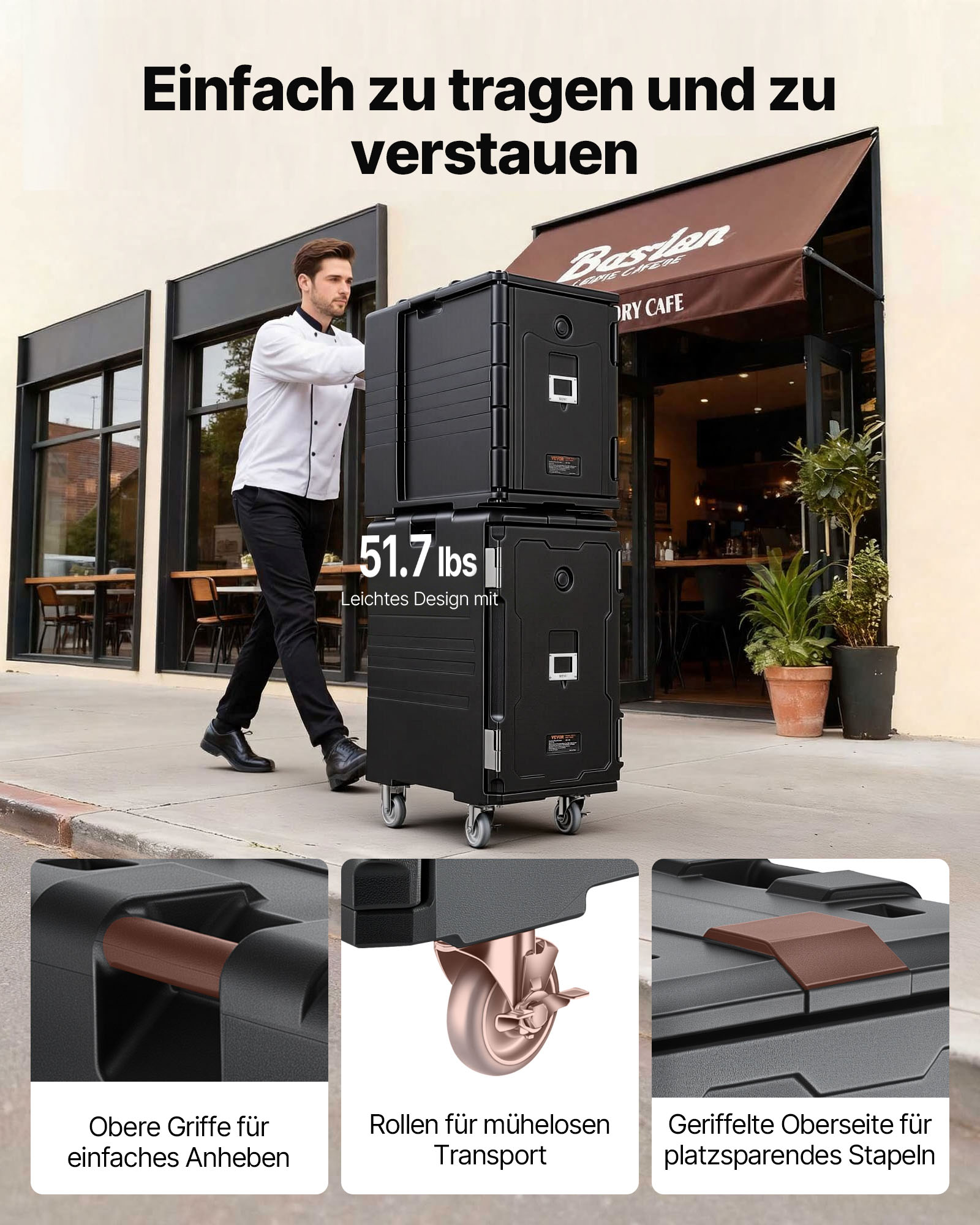 VEVOR Isolierter Lebensmittelbehälter-Träger, Frontlader, Catering-Box mit Rädern, 103 L, Schwarz