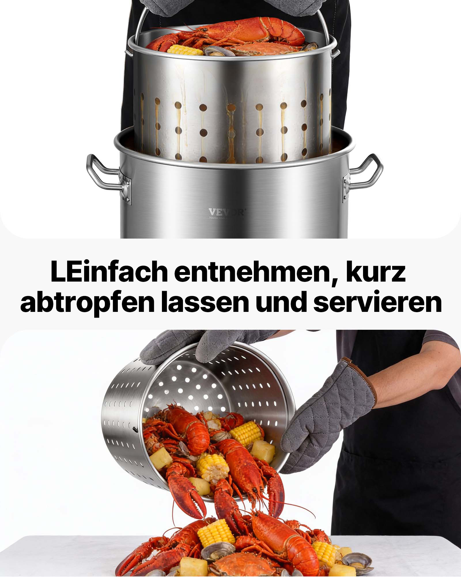 VEVOR Kochtopf 39,7 L Edelstahl, 350 x 410 mm Großvolumiger Suppentopf mit Sieb, als Spargeltopf Soßentopf Geeignet, Praktischer Küchentopf Große Zutaten
