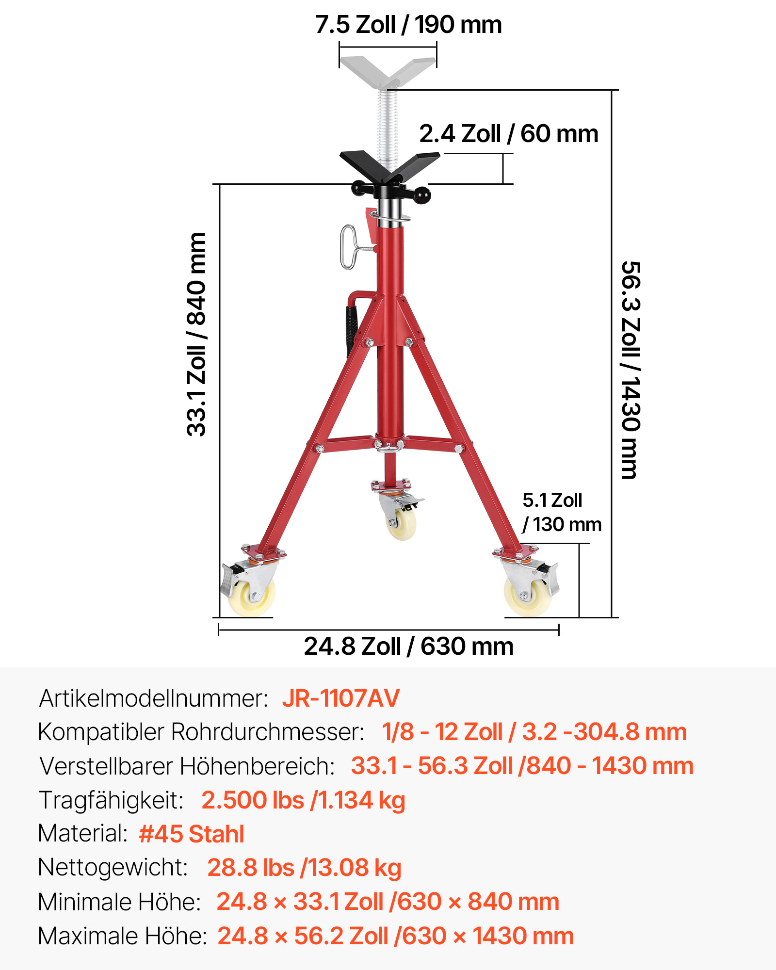 VEVOR Modell 1107A Einklappbare Rohrstütze mit V-Kopf, Rohrstütze mit 400 kg Gewichtskapazität / 0,32 - 30,48 cm Rohrkapazität, Rohrständer 71 - 131 cm verstellbar, Rohrbock Stahl mit Rollen