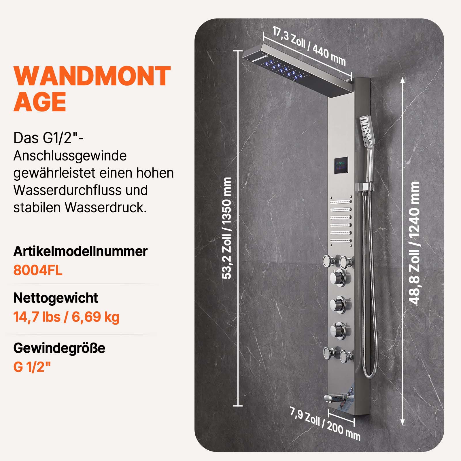VEVOR Duschpaneelsystem, 6 Duschmodi, LED- und Bildschirm-Wasserkraft-Duschpaneelturm, Regenfall, Wasserfall, 5 Massagedüsen, Wannenauslauf, Handbrause, wandmontiertes Duschset aus Edelstahl