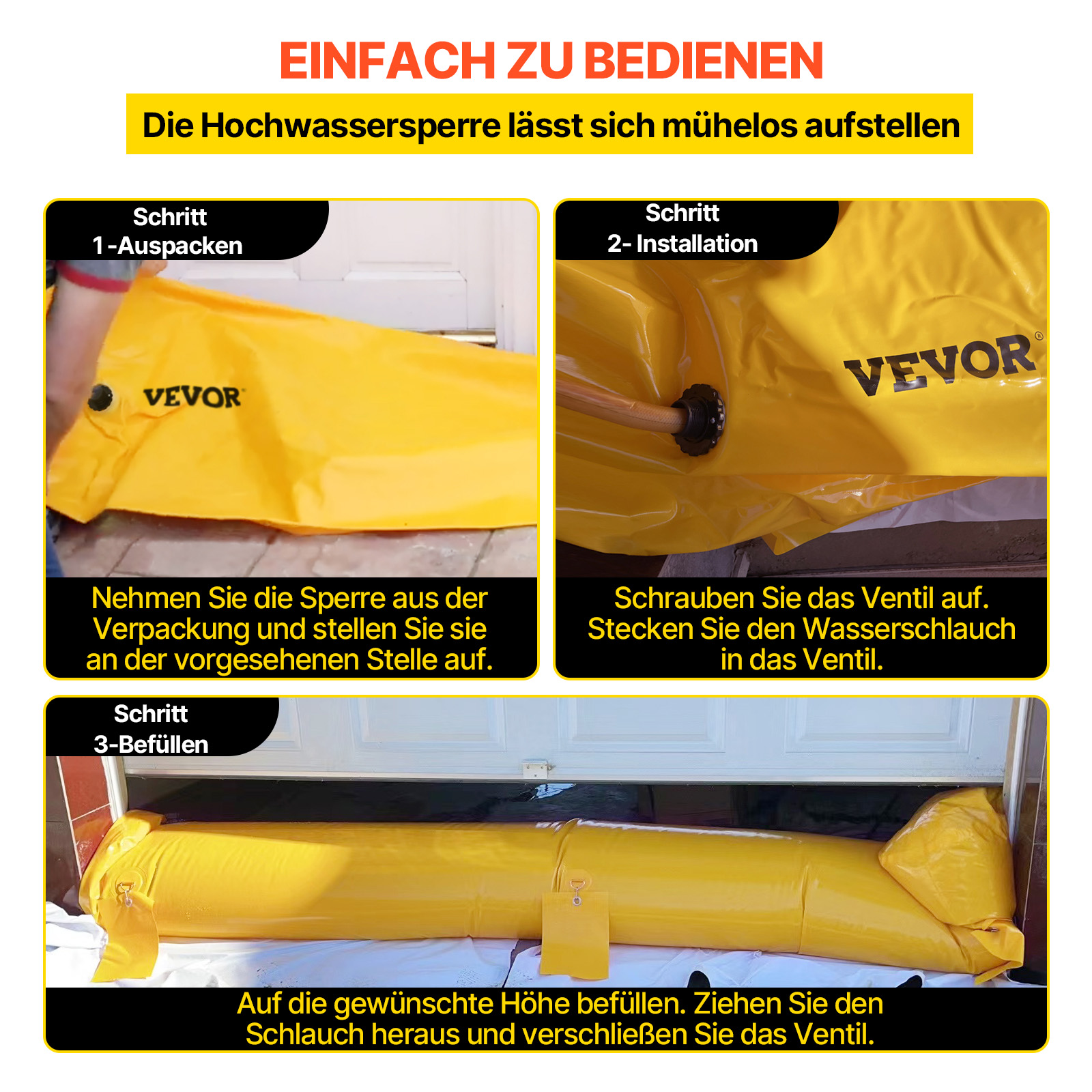 VEVOR Hochwasserbarriere 290 L Hochwasserschutz, 300 kg Silosandsäcke, 7,32 m x 25,4 cm x 15,3 cm Schutz vor Überschwemmung & Abdichtung, PVC Material Wassersperre, Krisenvorsorge & Wiederverwendbar