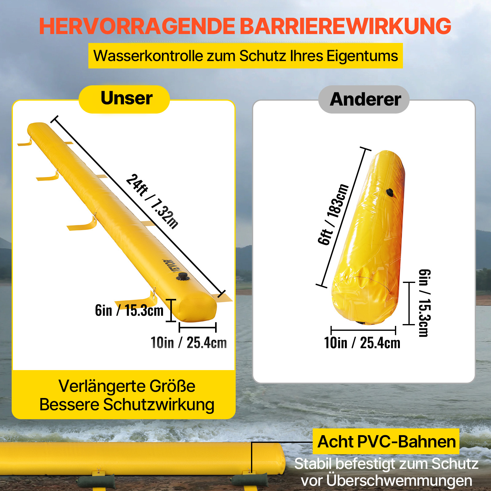 VEVOR Hochwasserbarriere 290 L Hochwasserschutz, 300 kg Silosandsäcke, 7,32 m x 25,4 cm x 15,3 cm Schutz vor Überschwemmung & Abdichtung, PVC Material Wassersperre, Krisenvorsorge & Wiederverwendbar