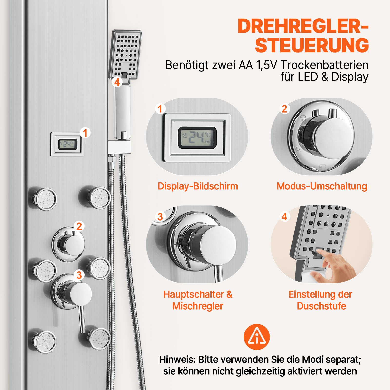 VEVOR Duschpaneelsystem, 5 Duschmodi, Duschpaneelturm mit Digitalanzeige, Regenfall, 8 Massagedüsen, Wannenauslauf, Handbrause mit 3 Einstellungen, 59-Zoll-Schlauch, Wandduschset aus Edelstahl