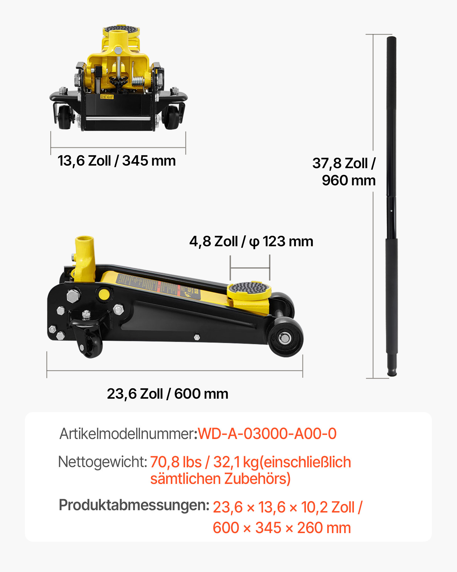 VEVOR Wagenheber, 3 Tonnen niedriger Wagenheber, Hochleistungs-Rennwagenheber aus Stahl mit Einkolben-Schnellhubpumpe, Hubbereich des Wagenhebers 5,12"-20