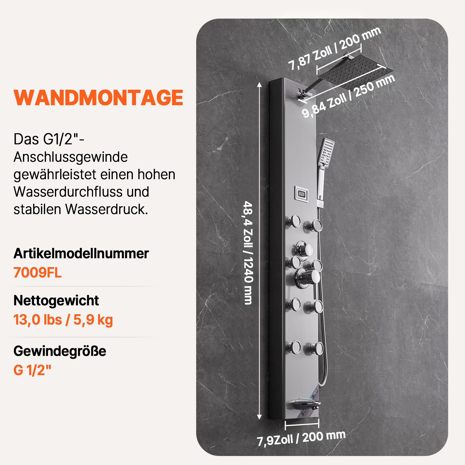 VEVOR Duschpaneelsystem, 5 Duschmodi, Duschpaneelturm mit Digitalanzeige, Regenfall, 8 Massagedüsen, Wannenauslauf, Handbrause mit 3 Einstellungen, 59-Zoll-Schlauch, Wandduschset aus Edelstahl