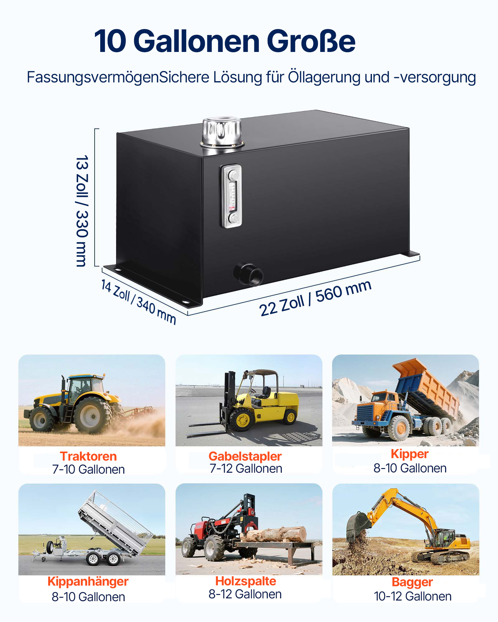 VEVOR Hydraulikflüssigkeitstank, 38 L, Kraftstofftank, robuster hydraulischer Stahltankbehälter, Hydraulikbehälter mit Sieb, Temperaturanzeige, Filter, Entlüftungskappe für Traktoren und LKWs