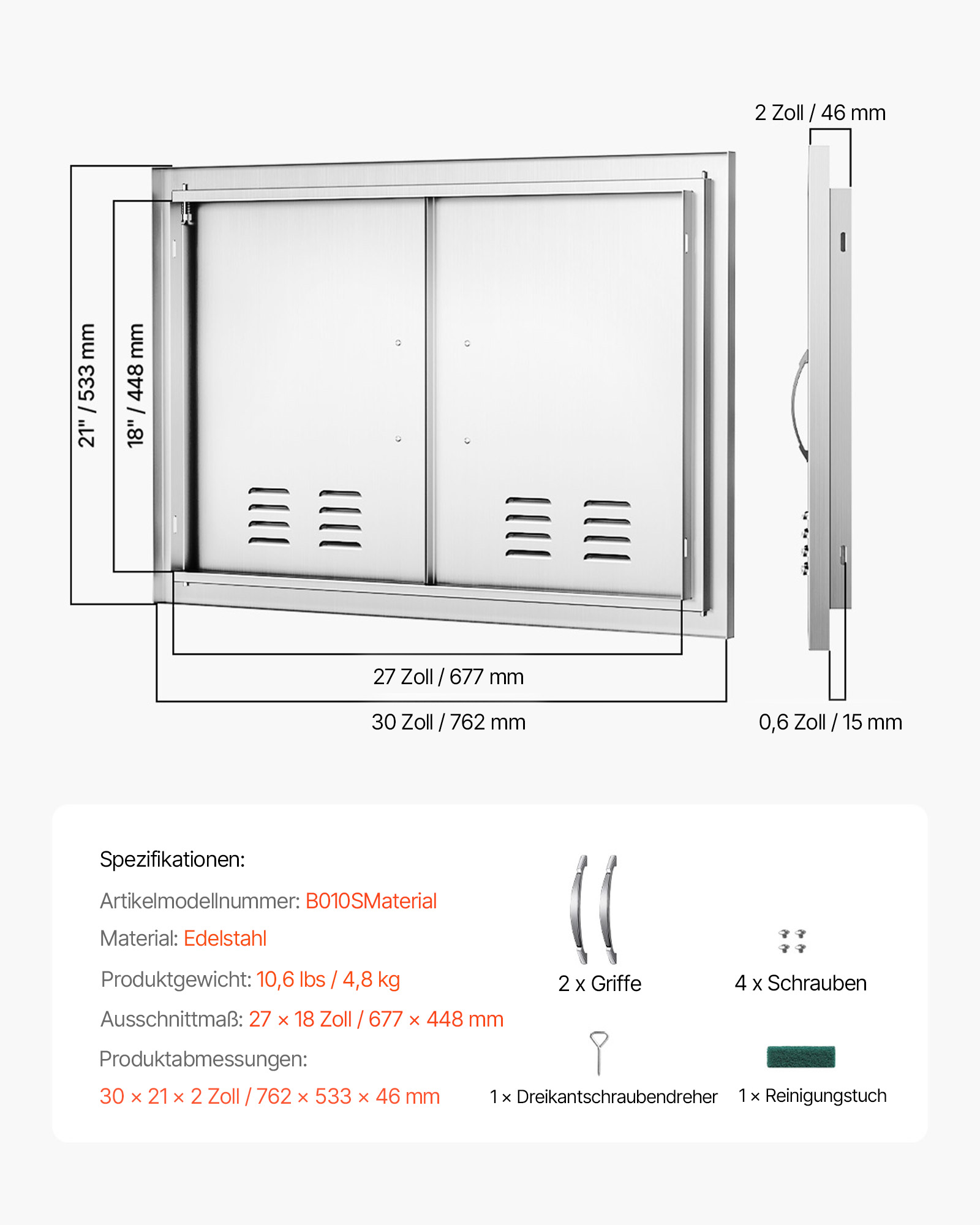 VEVOR Grill-Zugangstür, 762 x 533 mm, Doppelte Außenküchentür, Flächenbündig Montierte Edelstahltür, Vertikale Wandtür mit Griffen und Lüftungsschlitzen, für Grillinsel, Grillstation, Außenschrank