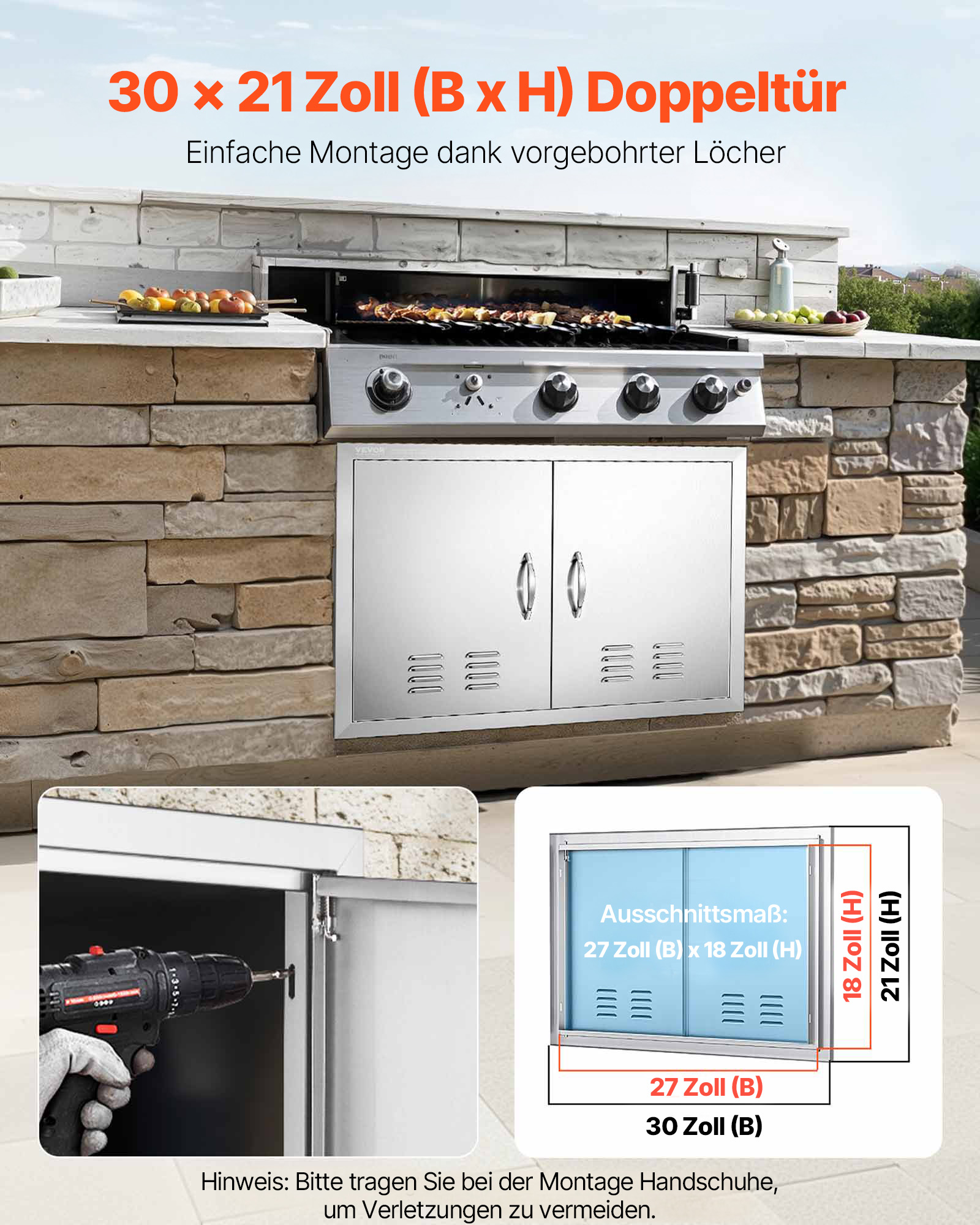 VEVOR Grill-Zugangstür, 762 x 533 mm, Doppelte Außenküchentür, Flächenbündig Montierte Edelstahltür, Vertikale Wandtür mit Griffen und Lüftungsschlitzen, für Grillinsel, Grillstation, Außenschrank