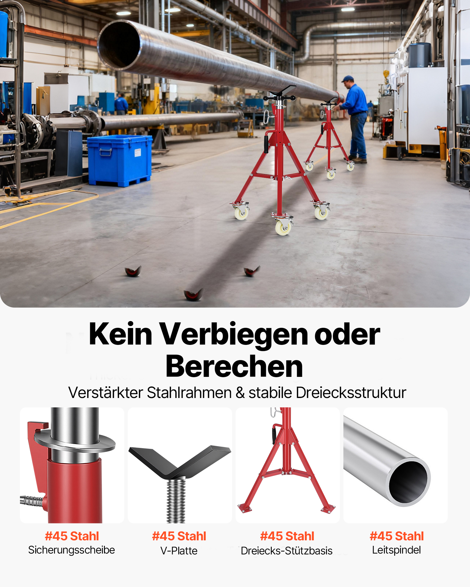 VEVOR Rohrständer 400 kg Kapazität, Rohrstütze mit 2-Kugel-Transfer V-Kopf, Rohrbock höhenverstellbar 20-37 Zoll Höhe, einklappbarer Rohrständer für Gewindeschneidmaschinen Walznuten