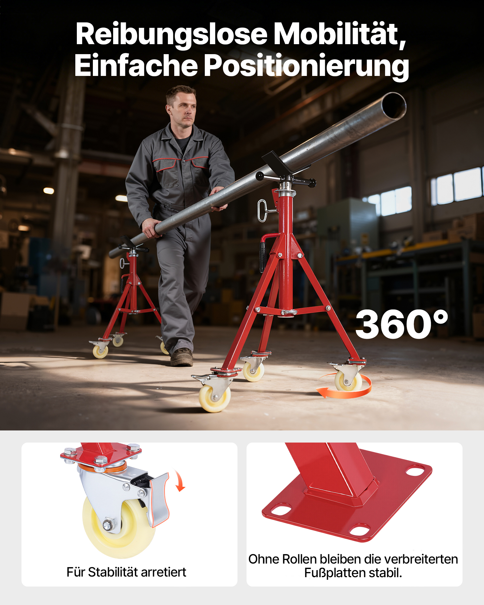 VEVOR Rohrständer 400 kg Kapazität, Rohrstütze mit 2-Kugel-Transfer V-Kopf, Rohrbock höhenverstellbar 20-37 Zoll Höhe, einklappbarer Rohrständer für Gewindeschneidmaschinen Walznuten