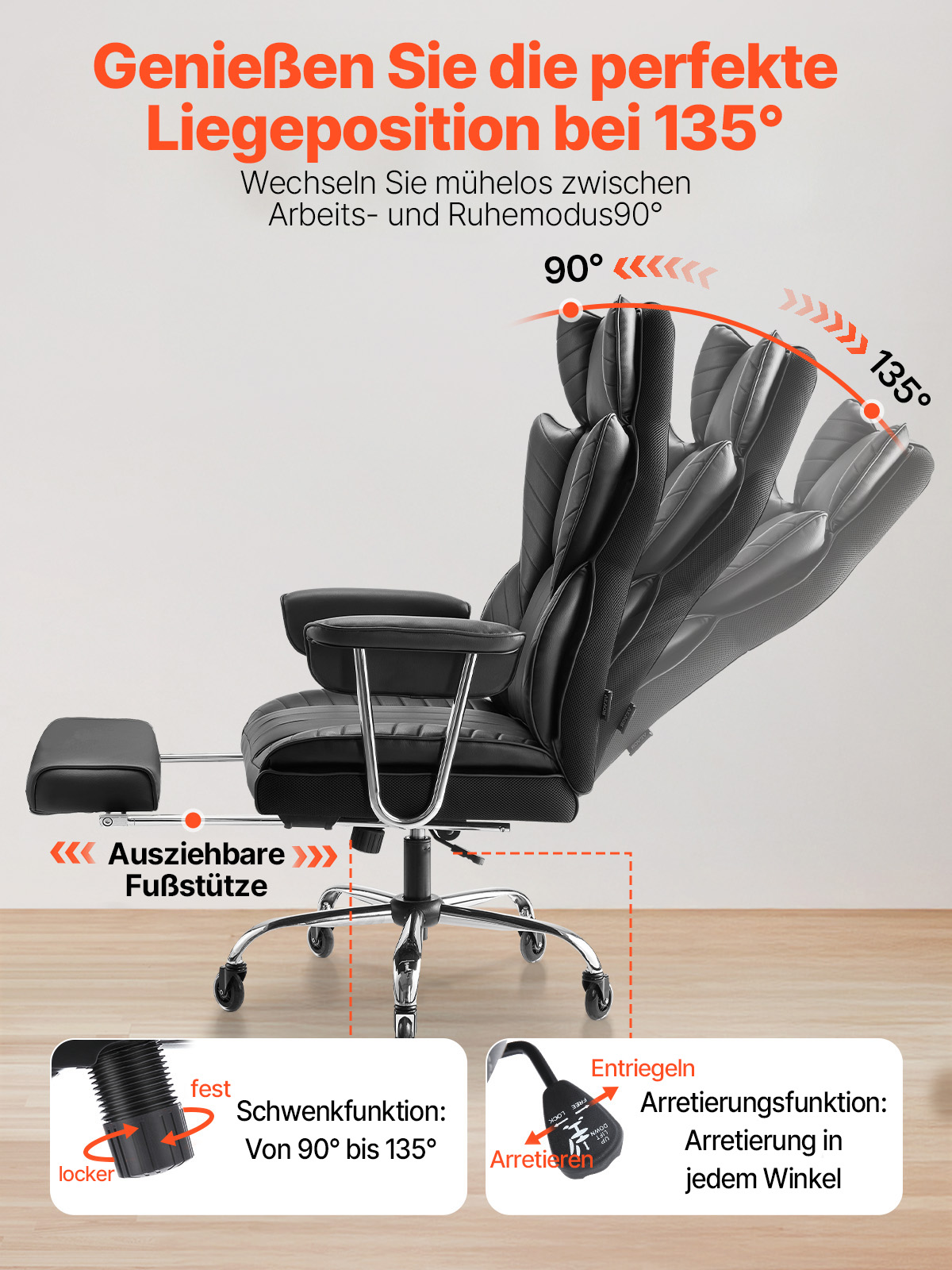 VEVOR Chefsessel Bürostuhl Drehstuhl mit hoher Rückenlehne & abnehmbaren Armlehnen, ergonomischer Schreibtischstuhl mit hochelastischem Schaumstoffkissen für Arbeit Arbeitszimmer Spielen Schwarz