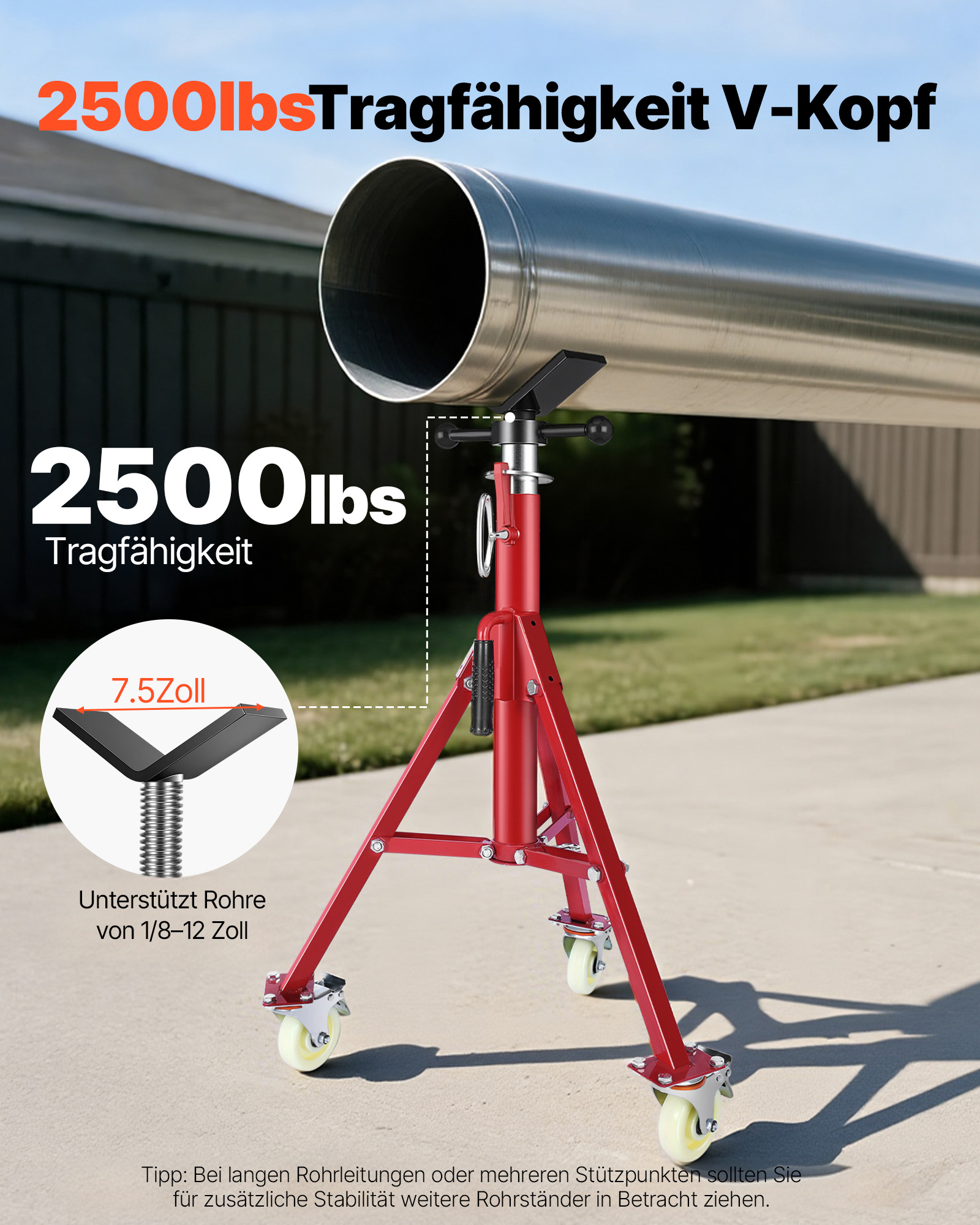 VEVOR Modell 1107A Einklappbare Rohrstütze mit V-Kopf, Rohrstütze mit 400 kg Gewichtskapazität / 0,32 - 30,48 cm Rohrkapazität, Rohrständer 71 - 131 cm verstellbar, Rohrbock Stahl mit Rollen