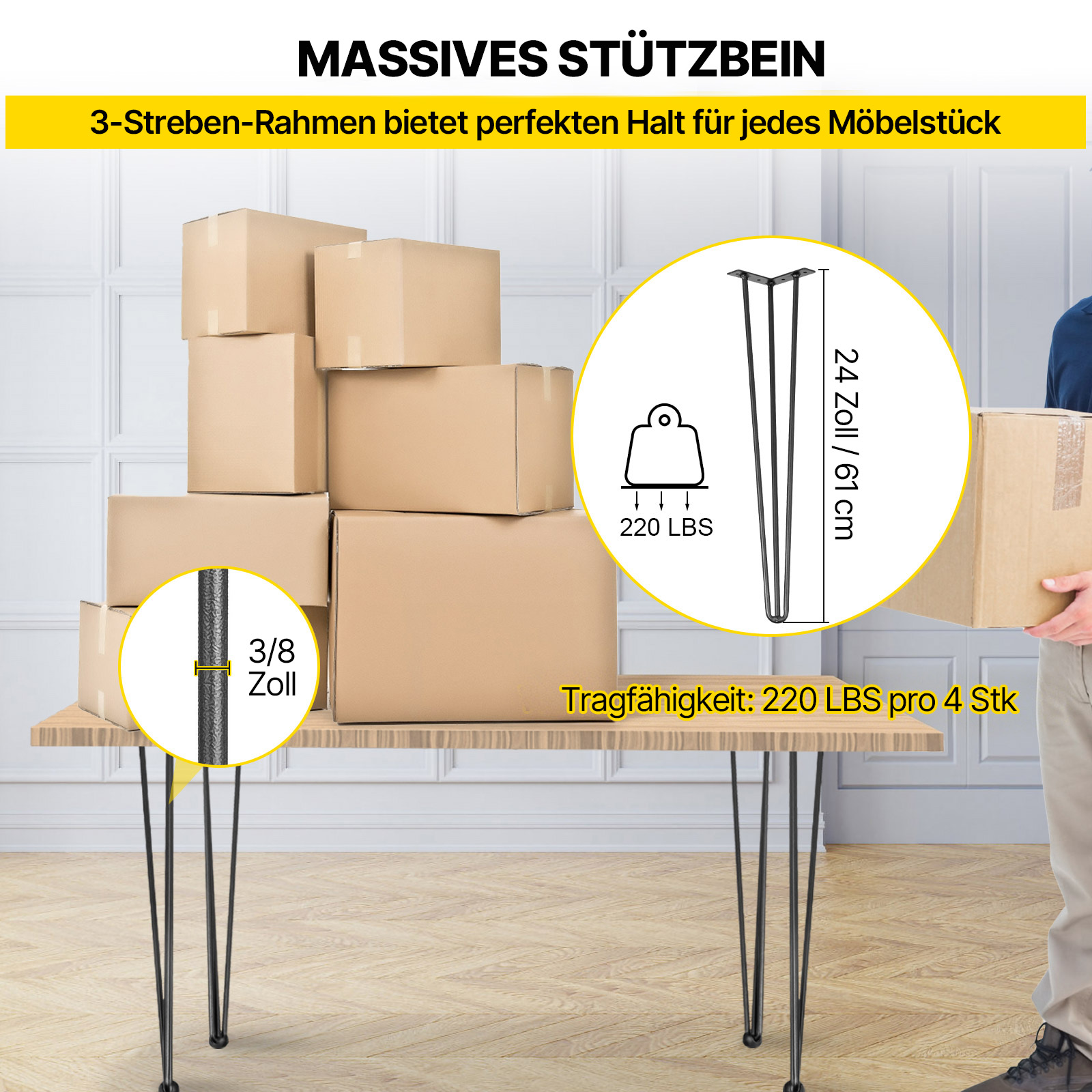 VEVOR Tischbeine Metall Tischfüße verstellbar 61 cm austauschbare Diy Tischbeine Metall Schwarz 4 Stück mit 4 Gummibodenfüße Haarnadel