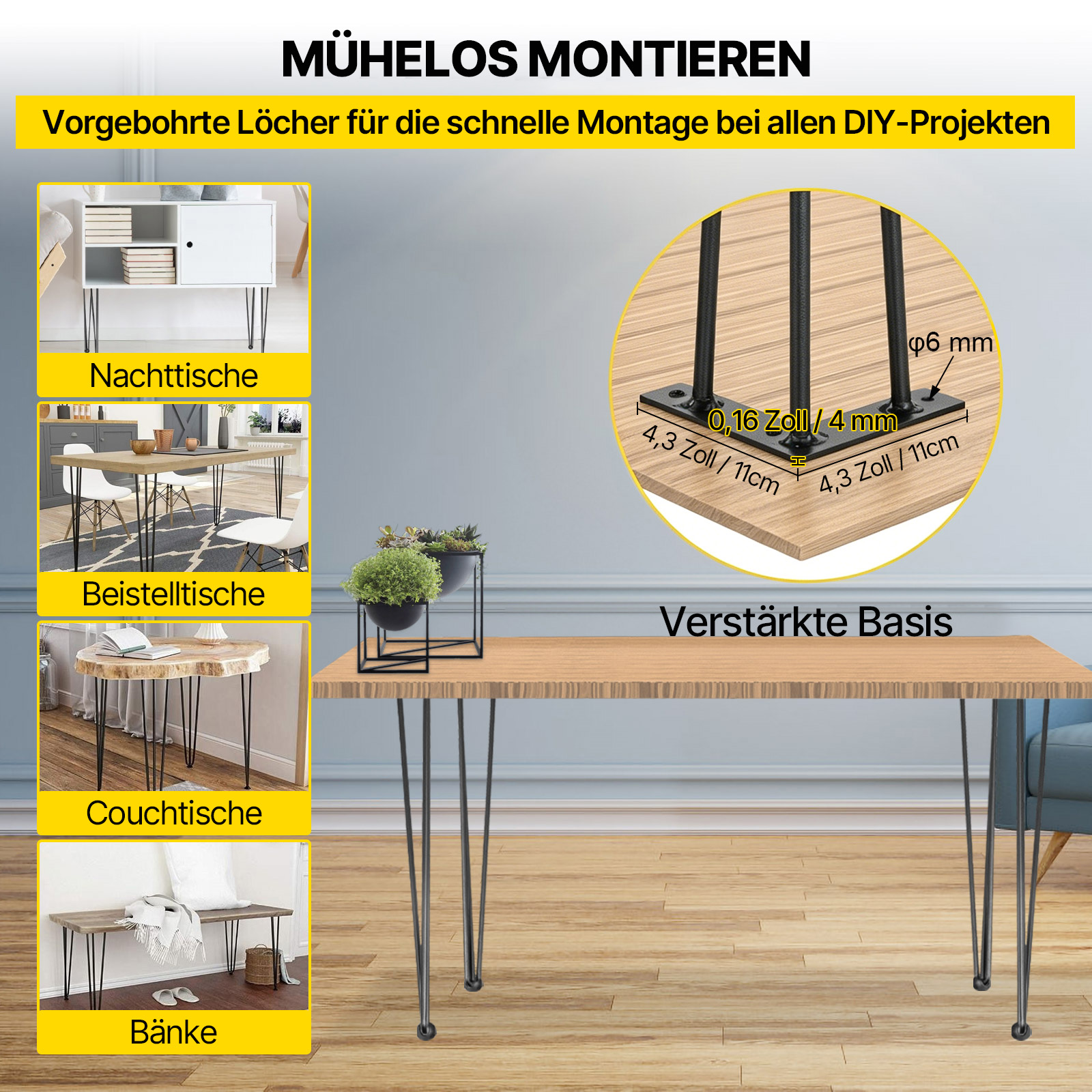 VEVOR Tischbeine Metall Tischfüße verstellbar 61 cm austauschbare Diy Tischbeine Metall Schwarz 4 Stück mit 4 Gummibodenfüße Haarnadel