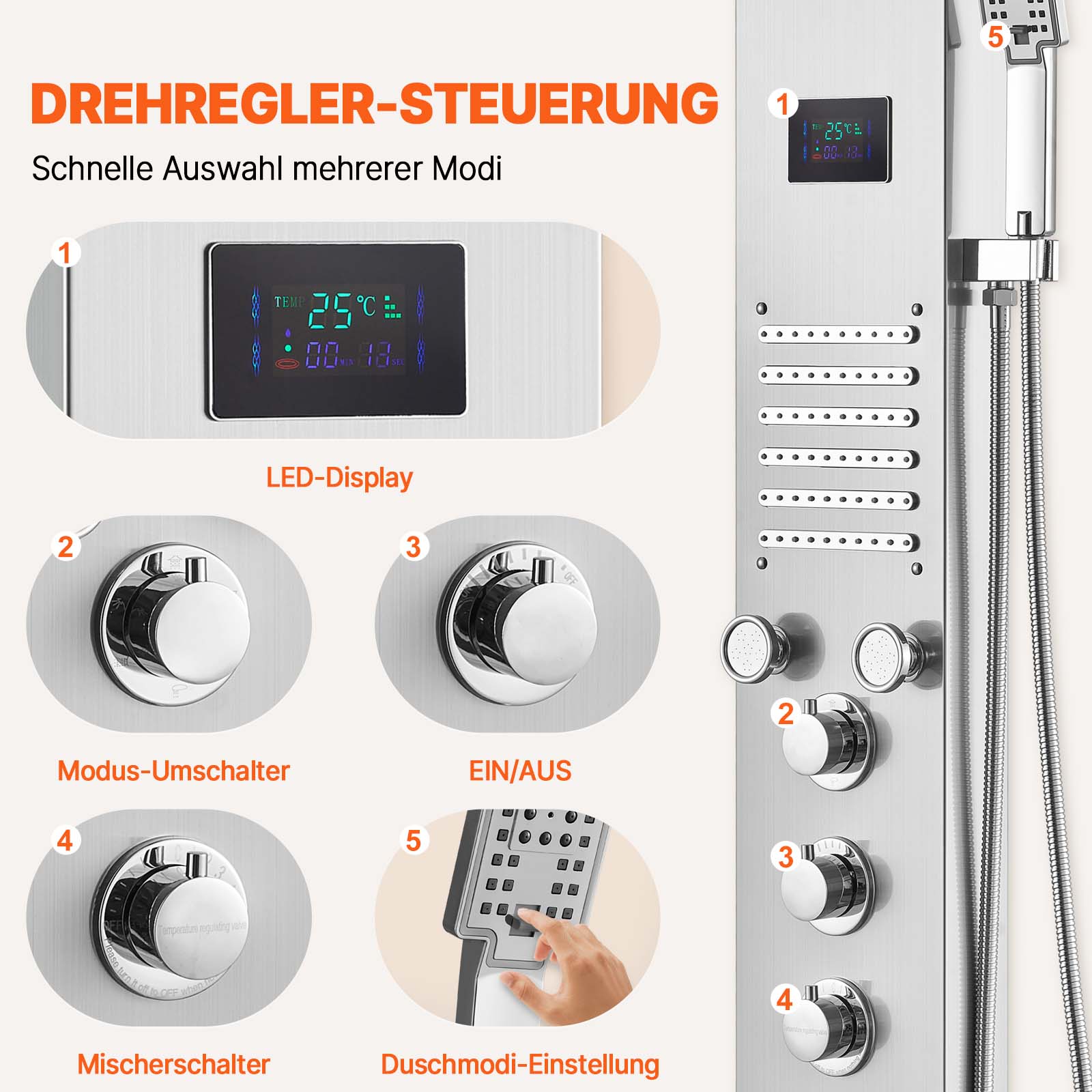 VEVOR Duschpaneelsystem, 6 Duschmodi, LED- und Bildschirm-Wasserkraft-Duschpaneelturm, Regenfall, Wasserfall, 5 Massagedüsen, Wannenauslauf, Handbrause, wandmontiertes Duschset aus Edelstahl