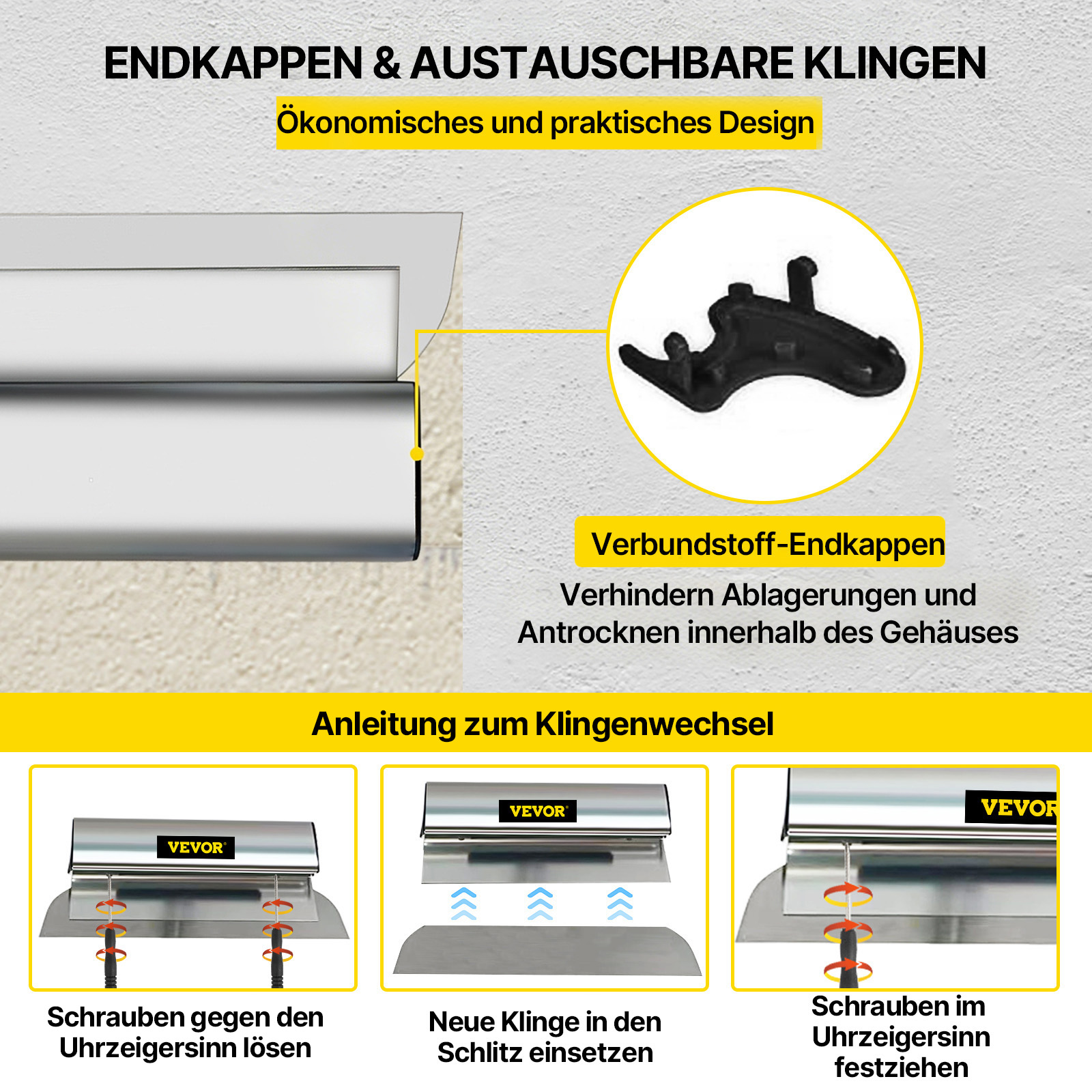 VEVOR Trockenbau Skimming Blade, 101,6 cm Smoothing Knock-Down Knife, Stainless Steel Putty Knife Finishing Tool, High-Impact End Caps for Sheetrock Drywall Gyprock Wall-Board Plasterboard