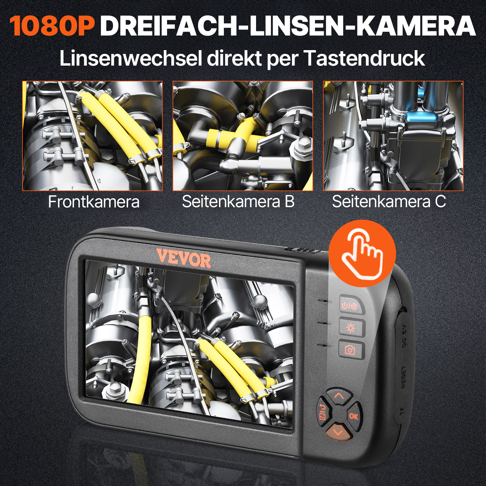 VEVOR Endoskopkamera mit Licht Dreifach Linsen Industrie Endoskop 4,5" IPS Bildschirm Inspektionskamera 1920x1080 Wasserdichtes Rohrkamera Inspektion von Automotoren Abwasserkanälen HVAC-Kanälen