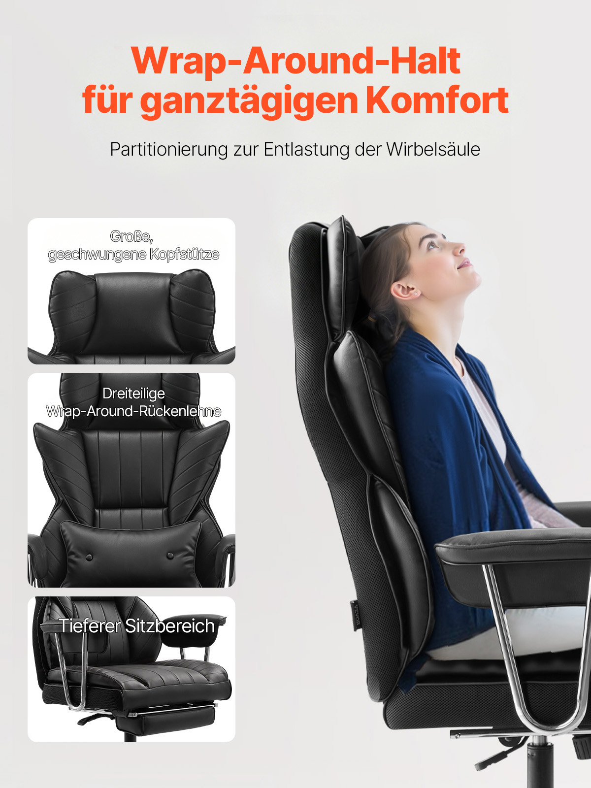 VEVOR Chefsessel Bürostuhl Drehstuhl mit hoher Rückenlehne & abnehmbaren Armlehnen, ergonomischer Schreibtischstuhl mit hochelastischem Schaumstoffkissen für Arbeit Arbeitszimmer Spielen Schwarz