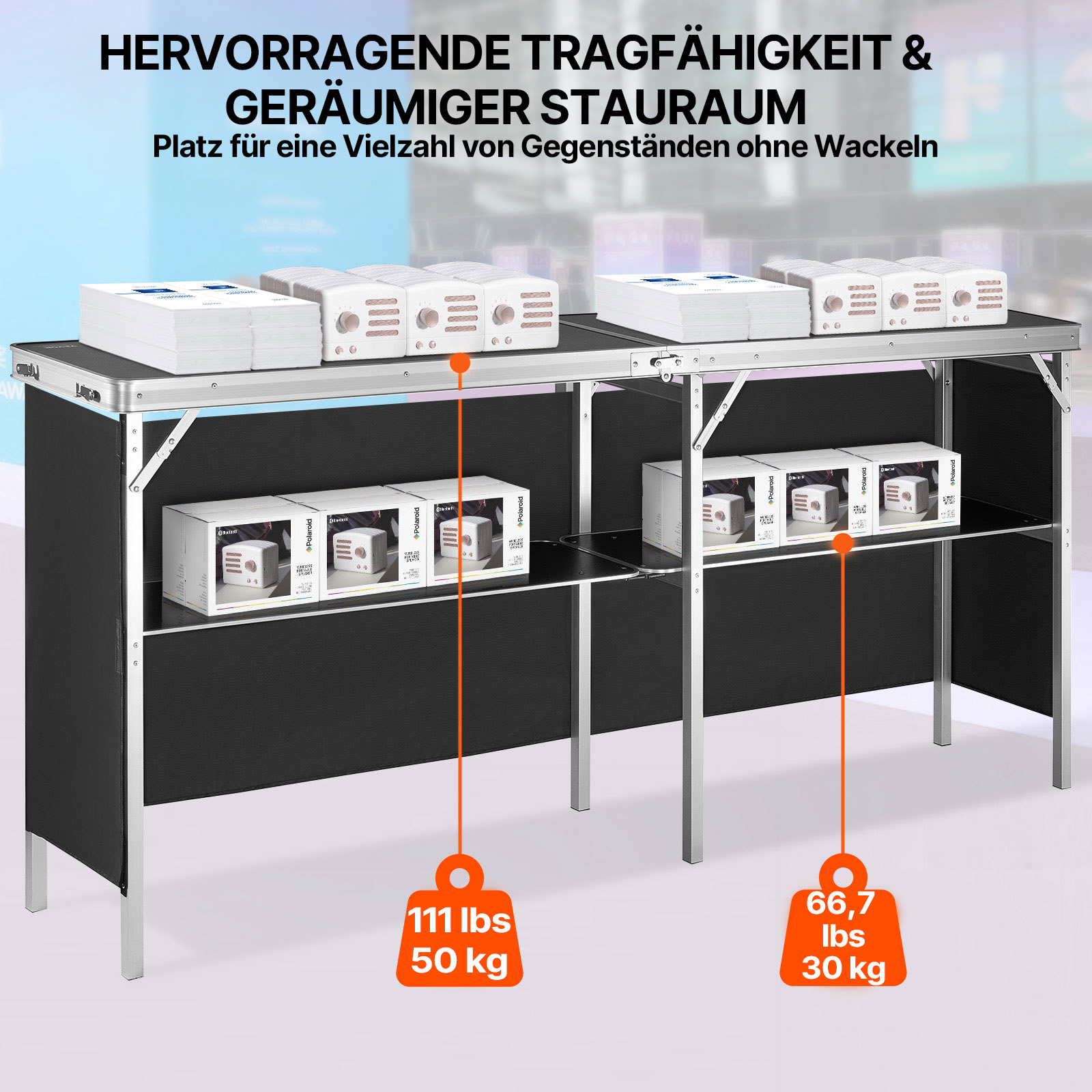 VEVOR Tragbare Messetheke Messetresen, 198 × 38,5 × 88 cm Messestand Ausstellungs-Thekenständer, Faltbarer Promotion-Bartisch Promotiontheke, Rezeptio mit Aufbewahrungsregal, Tragetasche, Schwarz
