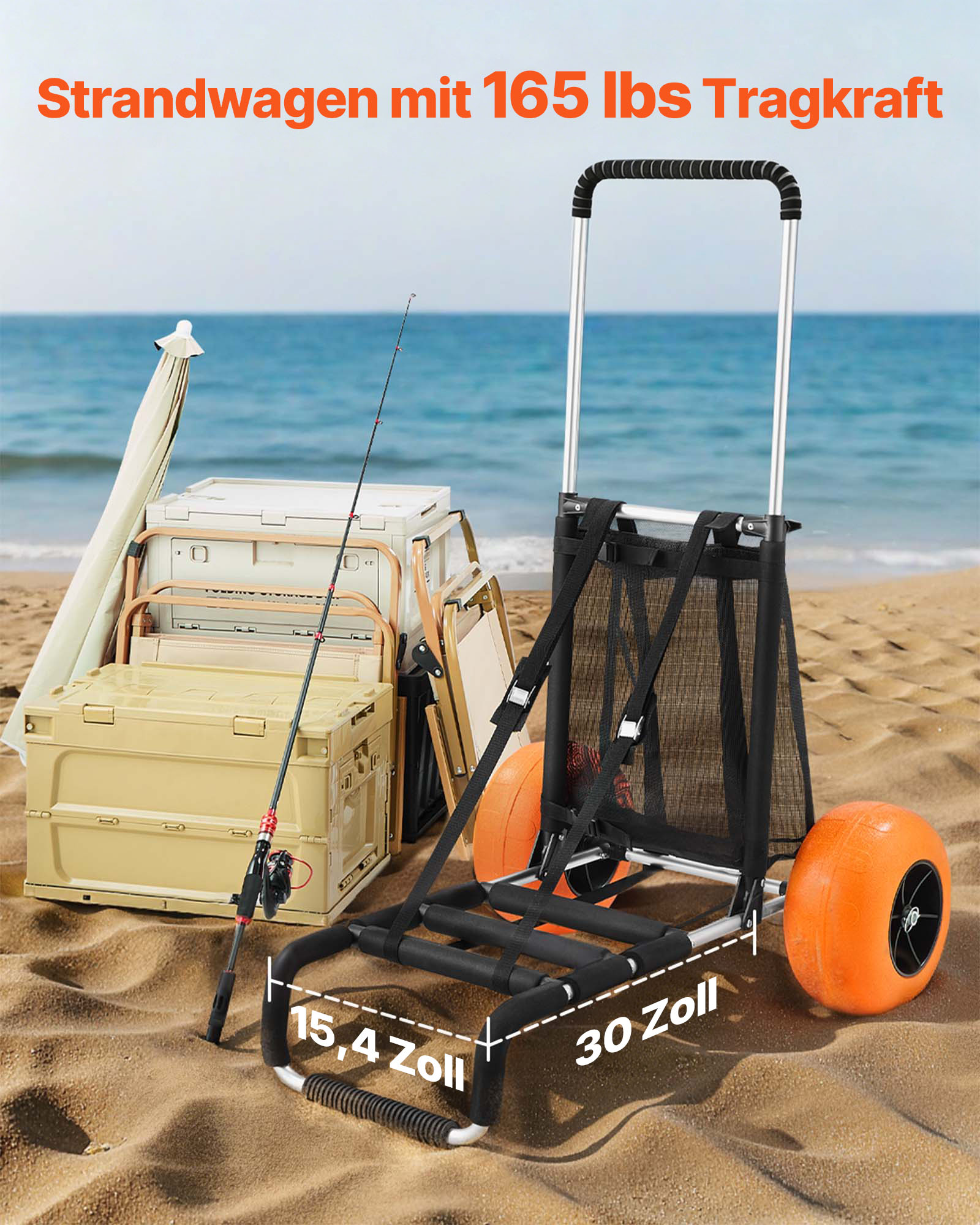 VEVOR Strandkarre Bollerwagen Sandwagen, Strandwagen 74,84 kg Tragkraft, zusammenklappbarer Sandwagen aus Aluminium 685-1135 mm einstellbare Höhe, Wagen für den Strand 76 x 39 cm Ladefläche