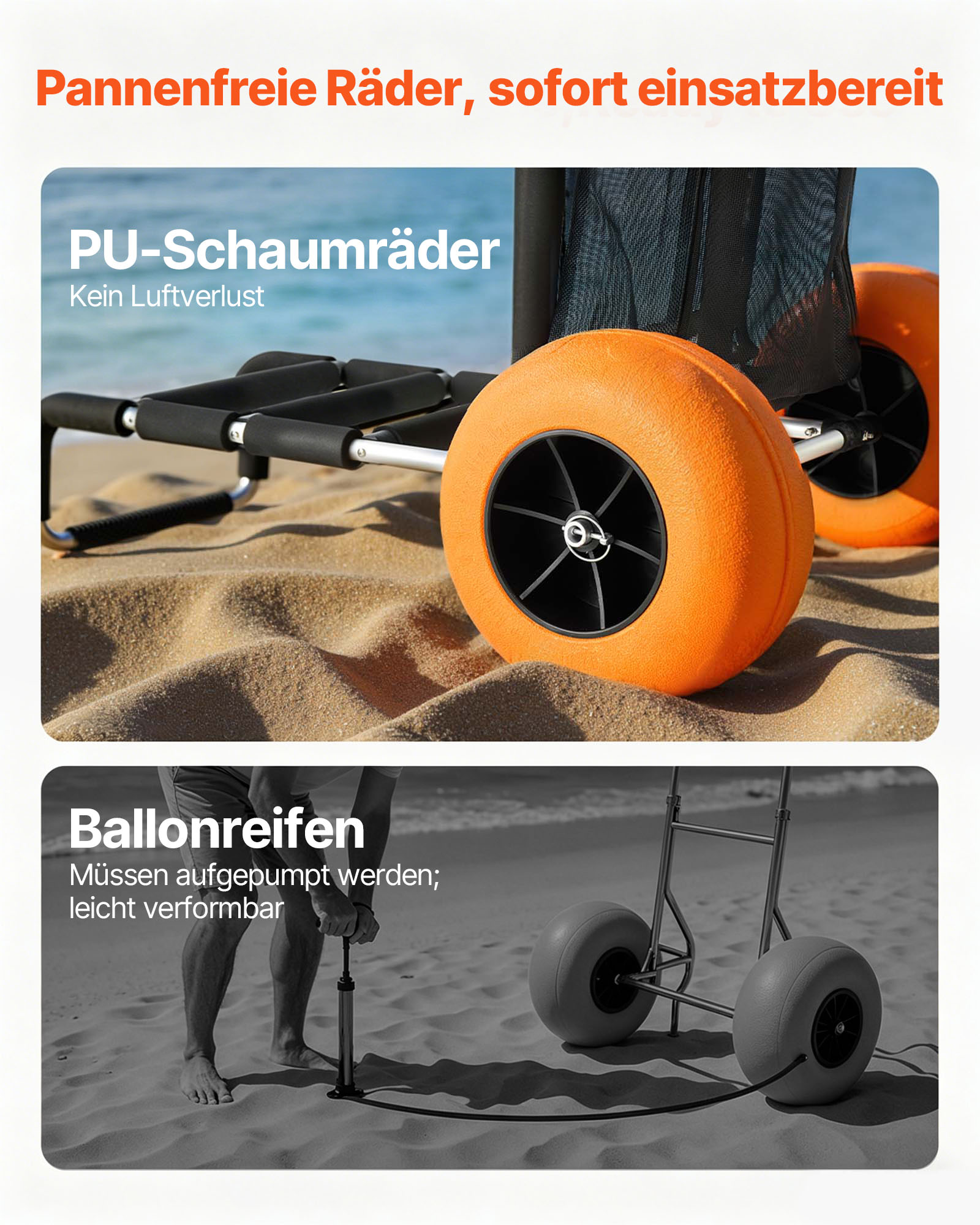 VEVOR Strandkarre Bollerwagen Sandwagen, Strandwagen 74,84 kg Tragkraft, zusammenklappbarer Sandwagen aus Aluminium 685-1135 mm einstellbare Höhe, Wagen für den Strand 76 x 39 cm Ladefläche