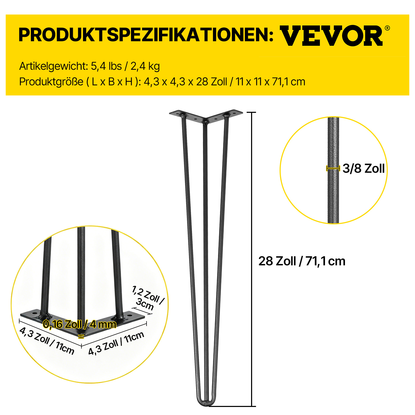 VEVOR Haarnadelbeine Tischbeine Tischgestell Metall 28 Zoll 71,1 cm Kohlenstoffstahl mit 4 Gummibodenfüßen Metall Schwarz 4 Stück verstellbar