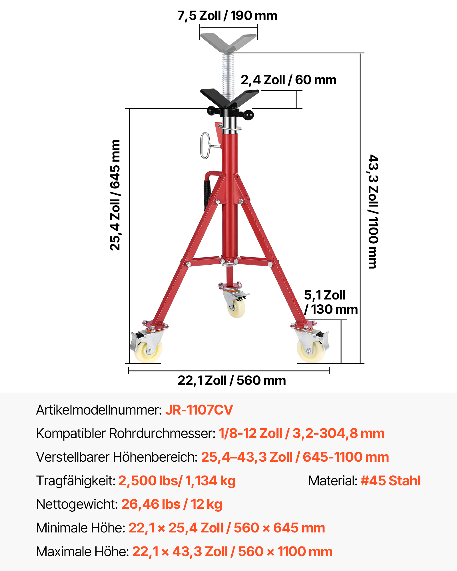 VEVOR Rohrständer 400 kg Kapazität, Rohrstütze mit 2-Kugel-Transfer V-Kopf, Rohrbock höhenverstellbar 20-37 Zoll Höhe, einklappbarer Rohrständer für Gewindeschneidmaschinen Walznuten