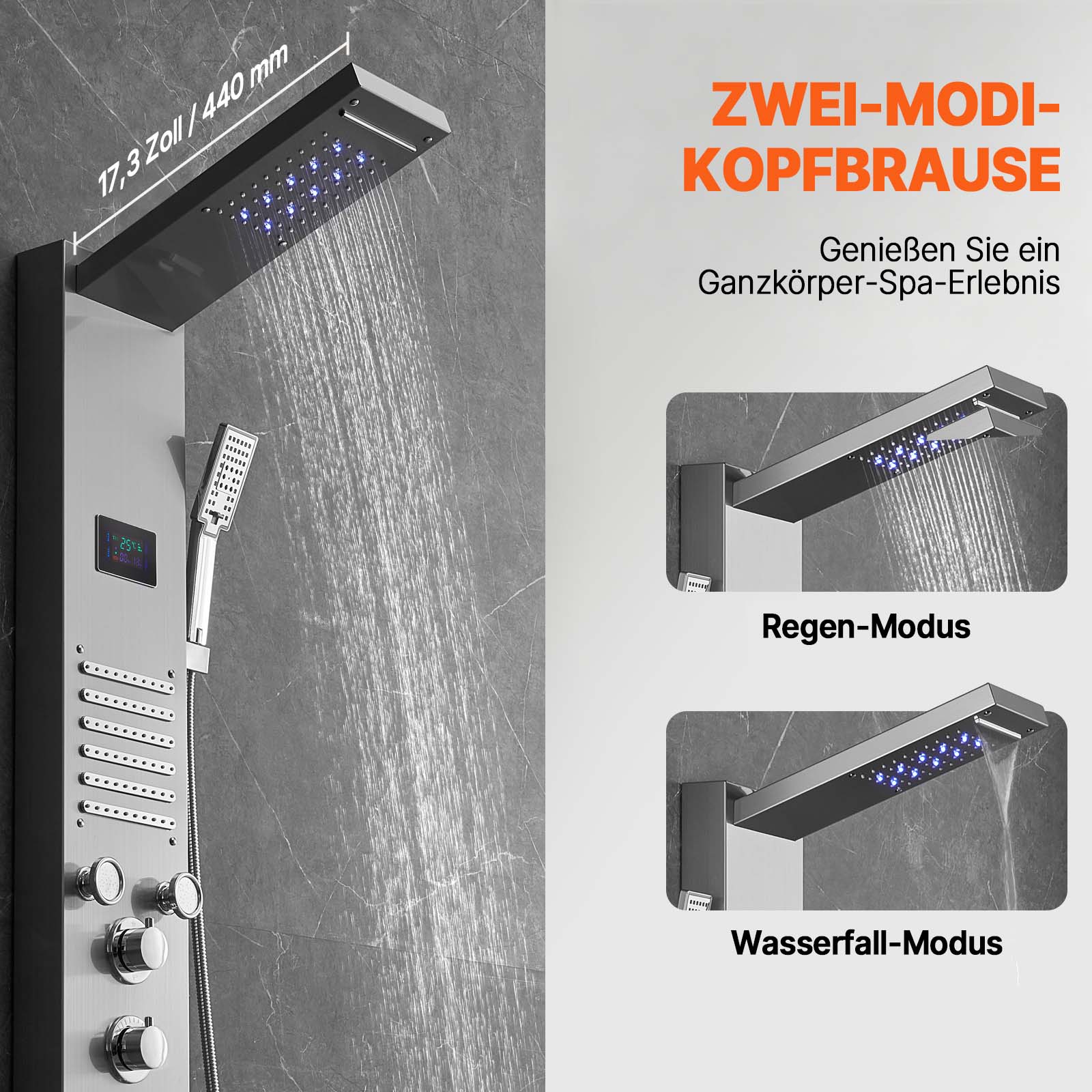 VEVOR Duschpaneelsystem, 6 Duschmodi, LED- und Bildschirm-Wasserkraft-Duschpaneelturm, Regenfall, Wasserfall, 5 Massagedüsen, Wannenauslauf, Handbrause, wandmontiertes Duschset aus Edelstahl