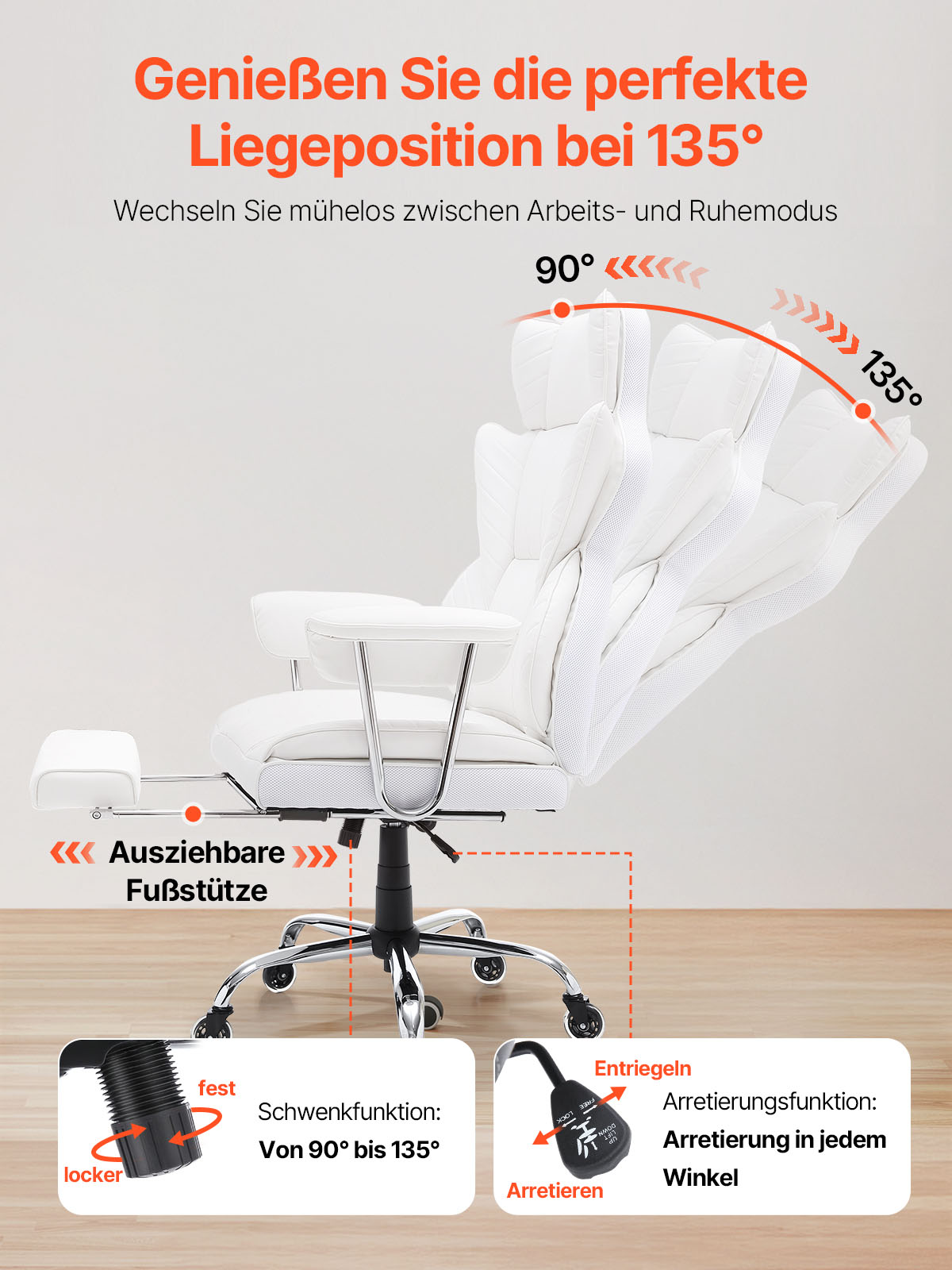 VEVOR Bürostuhl PU Leder Weißer Chefsessel mit Fußstütze, Schreibtisch Drehsessel Höhenverstellbar 0–80 mm, 181,43 kg Tragfähigkeit, Chefsessel Bürostuhl 860 x 610 mm Rückenlehne Drehsessel