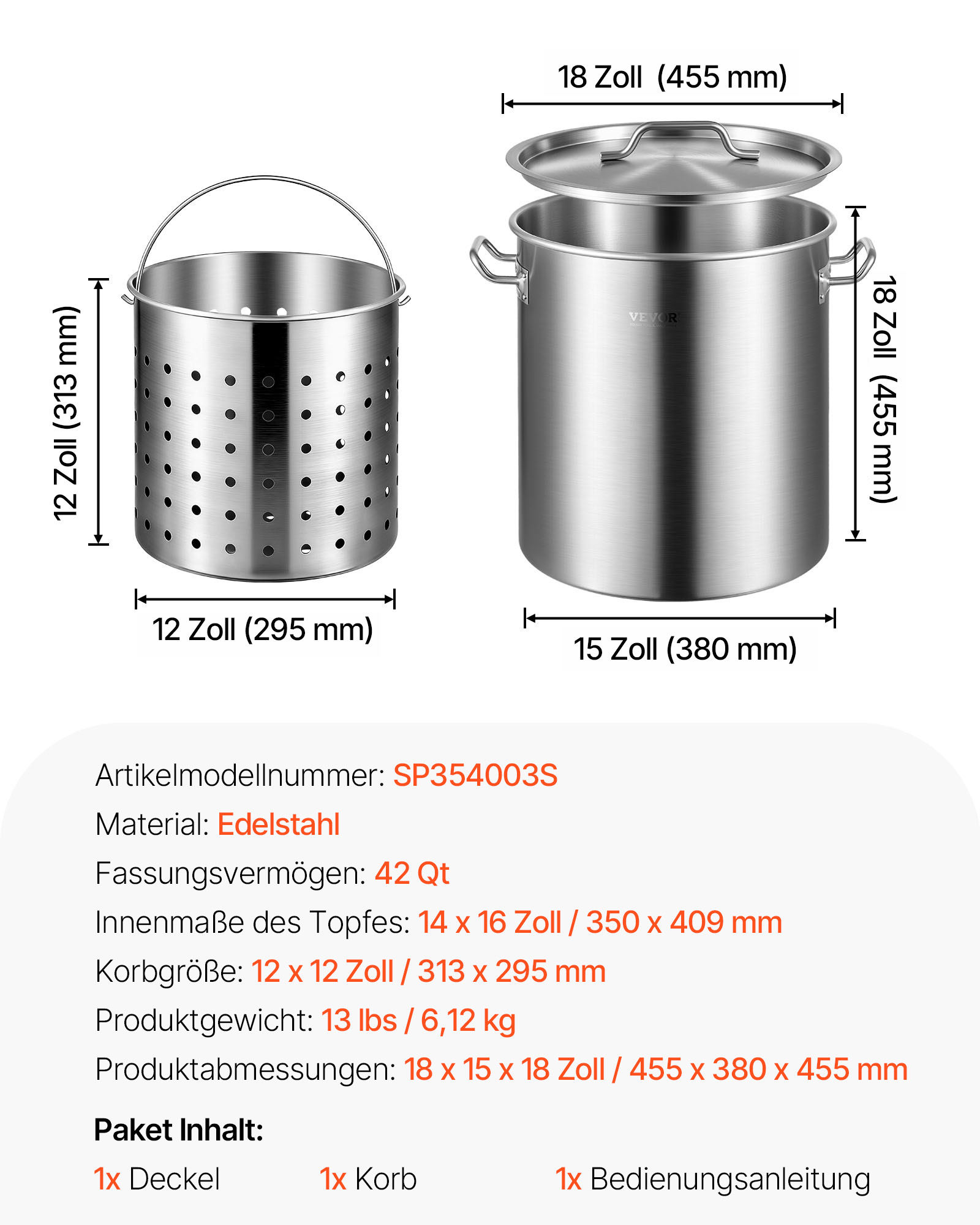 VEVOR Kochtopf 39,7 L Edelstahl, 350 x 410 mm Großvolumiger Suppentopf mit Sieb, als Spargeltopf Soßentopf Geeignet, Praktischer Küchentopf Große Zutaten