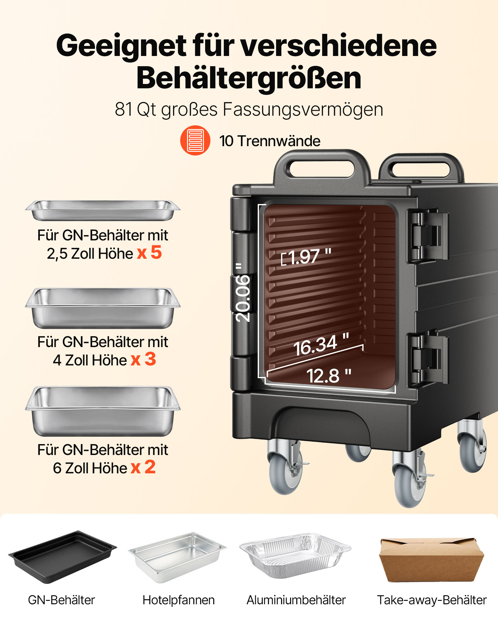 VEVOR Isolierter Speisenbehälterträger Warmhaltebox für Gastronomie 75 L, Speisenbehälter mit Doppelschnallen & Griffen, Speisenbehälterträger Lebensmitteltransportbox für Restaurant Schwarz (ohne Tablett)