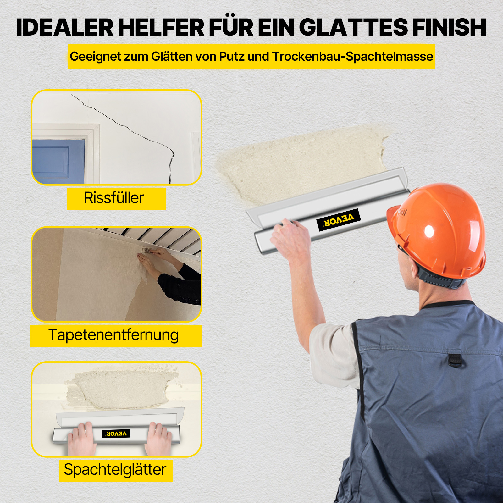 VEVOR Trockenbau Skimming Blade, 101,6 cm Smoothing Knock-Down Knife, Stainless Steel Putty Knife Finishing Tool, High-Impact End Caps for Sheetrock Drywall Gyprock Wall-Board Plasterboard