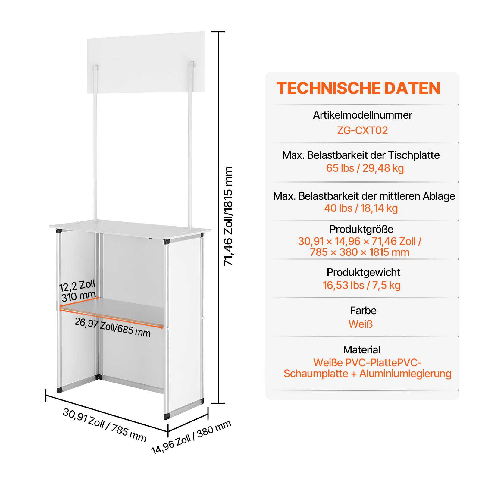 VEVOR Tragbare Messetheke Messetresen, 78,5 × 38 × 181,5 cm Messestand Ausstellungs-Thekenständer, Faltbarer Promotion-Einzelhandels-Bartisch, Rezeption Messestand mit Aufbewahrungsregal, Tragetasche
