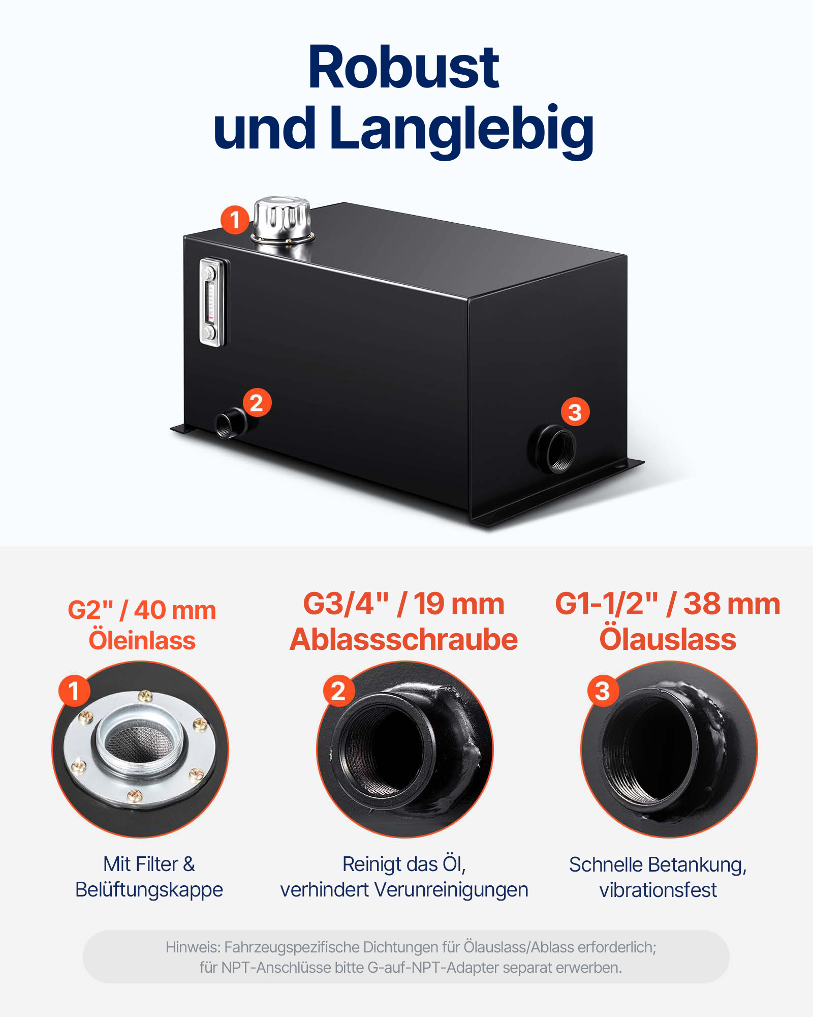 VEVOR Hydraulikflüssigkeitstank, 38 L, Kraftstofftank, robuster hydraulischer Stahltankbehälter, Hydraulikbehälter mit Sieb, Temperaturanzeige, Filter, Entlüftungskappe für Traktoren und LKWs