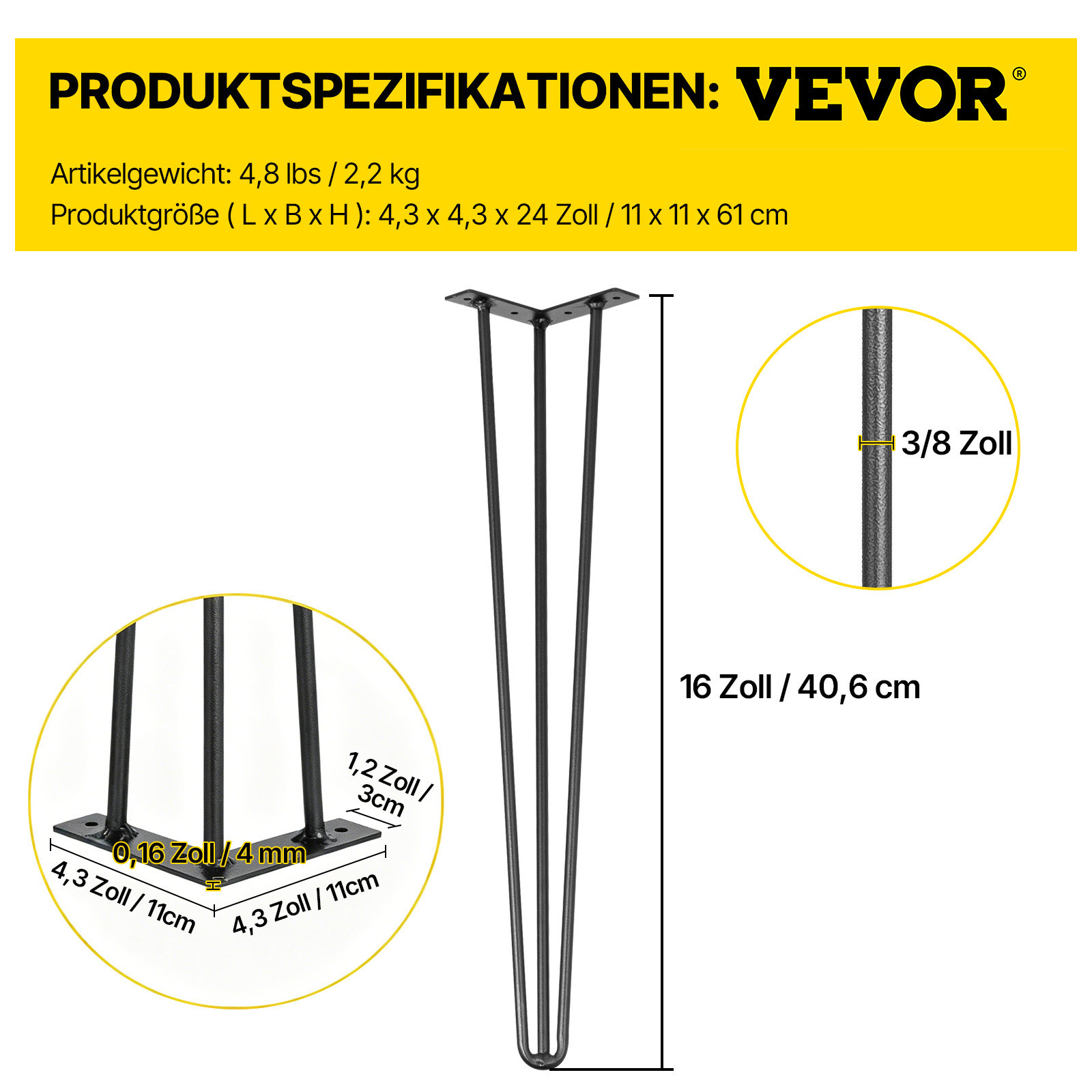 VEVOR Tischbeine Metall Tischfüße verstellbar 61 cm austauschbare Diy Tischbeine Metall Schwarz 4 Stück mit 4 Gummibodenfüße Haarnadel
