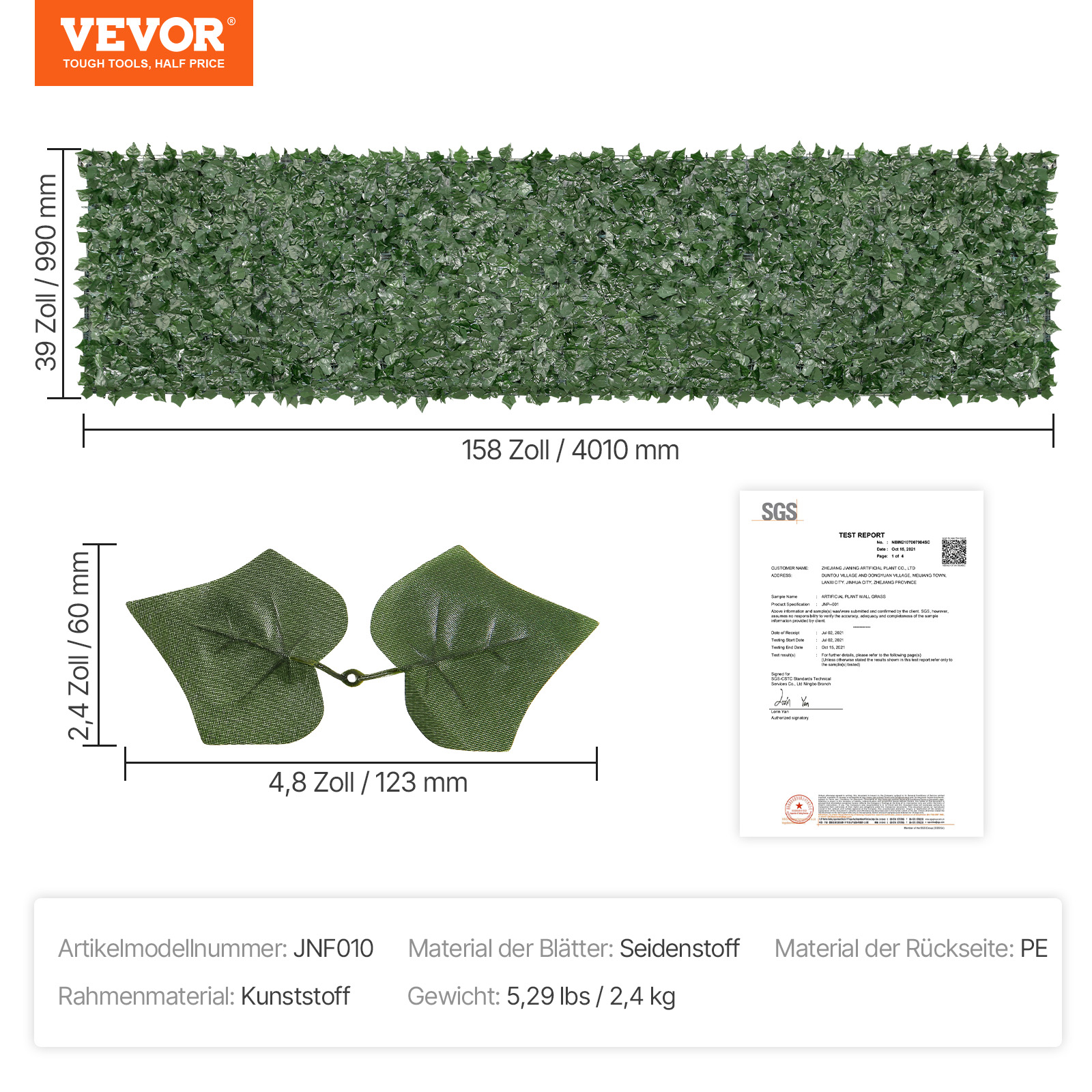 VEVOR Sichtschutzzaun 990x4010mm künstlicher grüner Sichtschutz Efeuzaun mit Netzgeweberückseite und verstärkter Verbindung, künstliche Hecken mit Weinblättern als Dekoration für Garten Hof Balkon