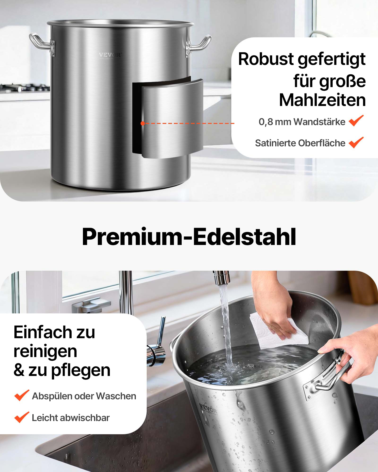 VEVOR Kochtopf 39,7 L Edelstahl, 350 x 410 mm Großvolumiger Suppentopf mit Sieb, als Spargeltopf Soßentopf Geeignet, Praktischer Küchentopf Große Zutaten