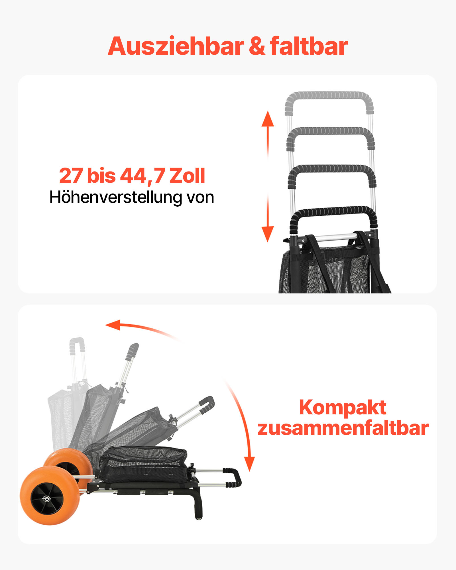 VEVOR Strandkarre Bollerwagen Sandwagen, Strandwagen 74,84 kg Tragkraft, zusammenklappbarer Sandwagen aus Aluminium 685-1135 mm einstellbare Höhe, Wagen für den Strand 76 x 39 cm Ladefläche