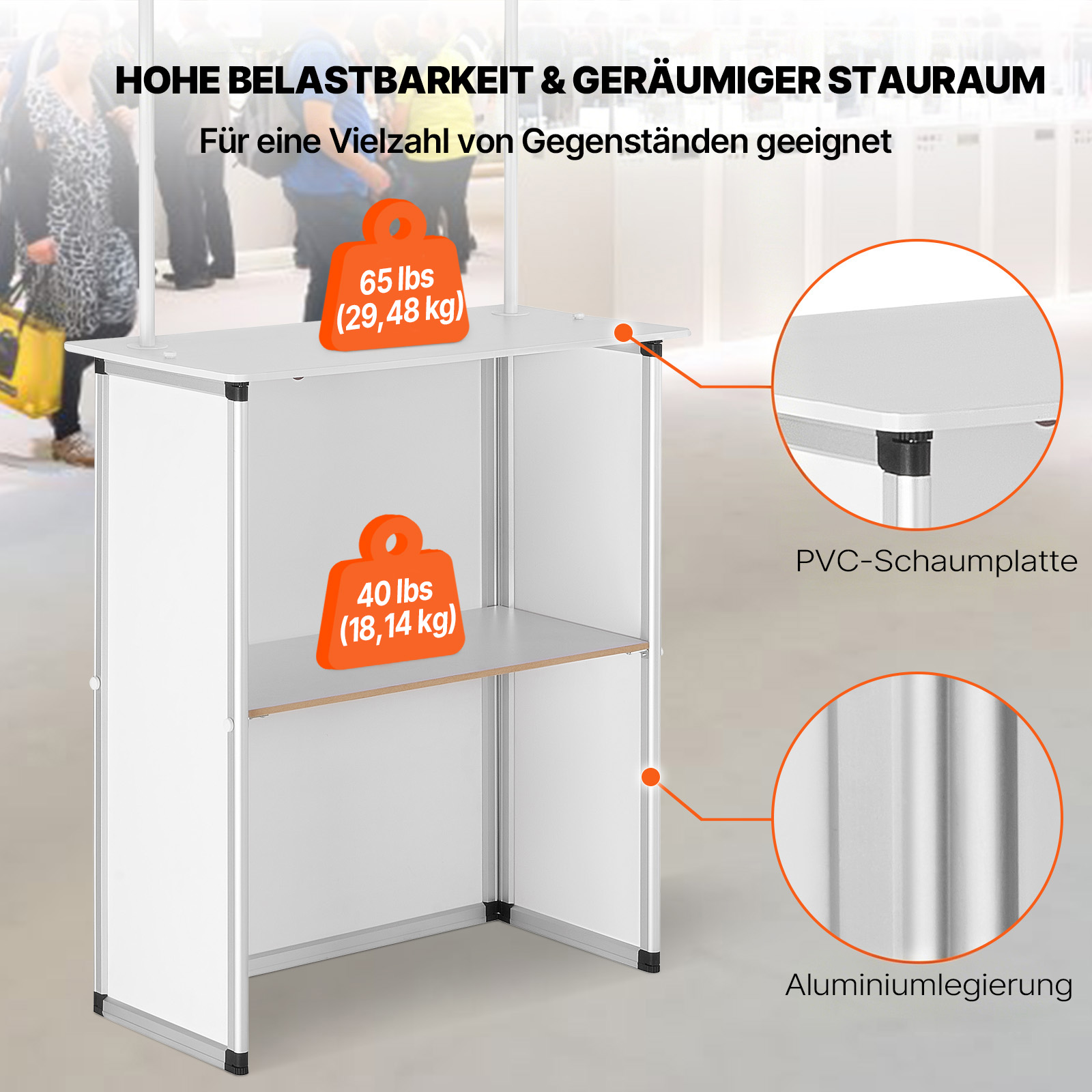 VEVOR Tragbare Messetheke Messetresen, 78,5 × 38 × 181,5 cm Messestand Ausstellungs-Thekenständer, Faltbarer Promotion-Einzelhandels-Bartisch, Rezeption Messestand mit Aufbewahrungsregal, Tragetasche