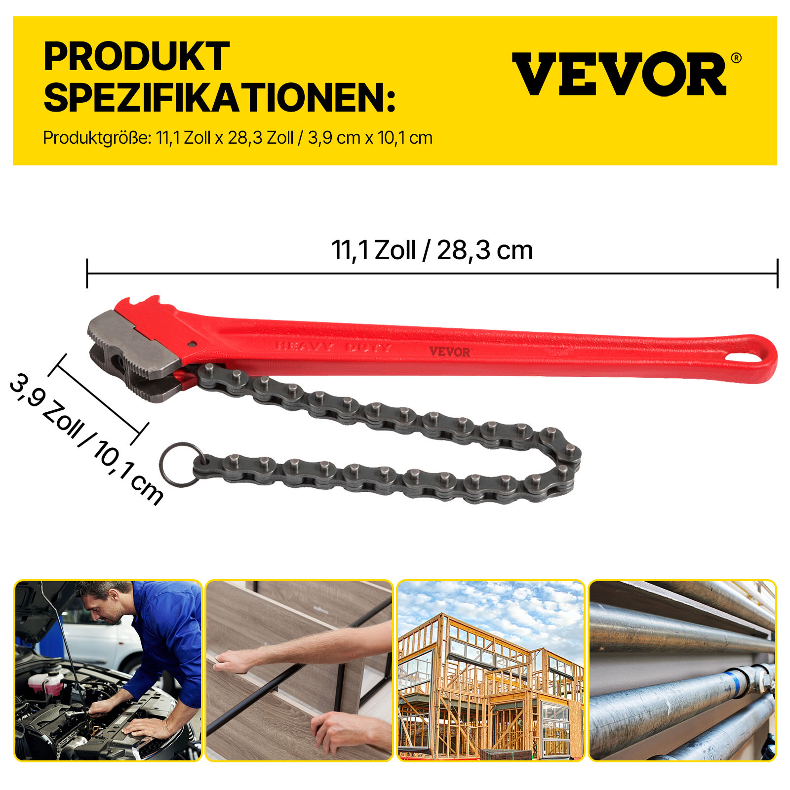 VEVOR Kettenzange Rohr Kupferrohr-Presswerkzeug 91,44 cm, Hochleistungskettenzange Ölfilter Kapazität 110 bis 185 mm, Kettenzange 760 mm Kettenlänge Sanitärrohr Werkzeug