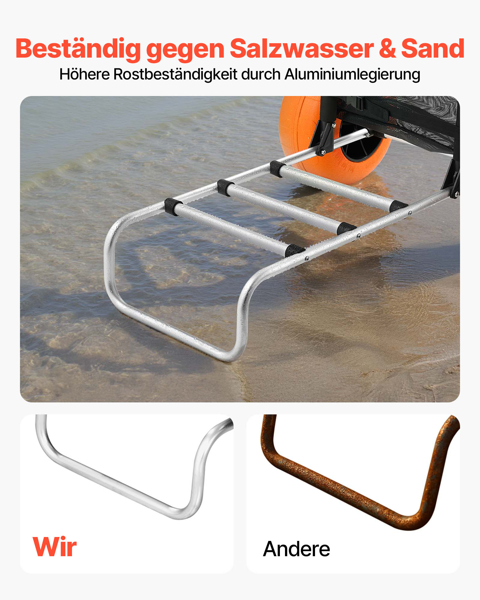 VEVOR Strandkarre Bollerwagen Sandwagen, Strandwagen 74,84 kg Tragkraft, zusammenklappbarer Sandwagen aus Aluminium 685-1135 mm einstellbare Höhe, Wagen für den Strand 76 x 39 cm Ladefläche