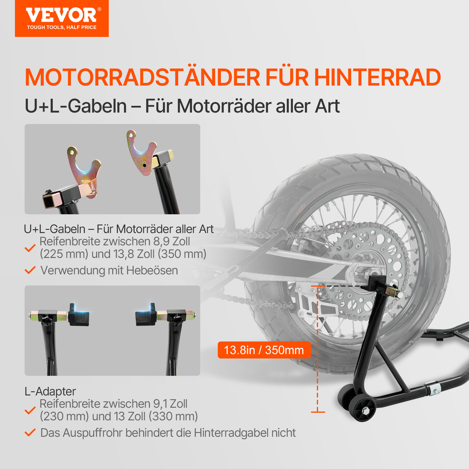 VEVOR Motorrad Ständer Set Montageständer 0,39 t Belastbar, U-Type + L-Type, 225–350 mm / 230–330 mm Hinten Montageständer Motorrad Heber Montagelift Montageheber, mit vier Laufrollen Montageständer
