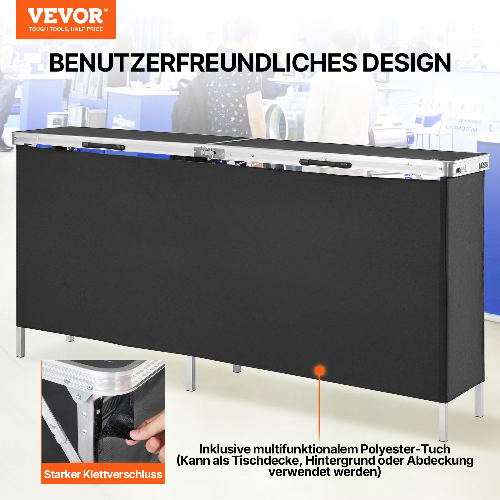 VEVOR Tragbare Messetheke Messetresen, 198 × 38,5 × 88 cm Messestand Ausstellungs-Thekenständer, Faltbarer Promotion-Bartisch Promotiontheke, Rezeptio mit Aufbewahrungsregal, Tragetasche, Schwarz