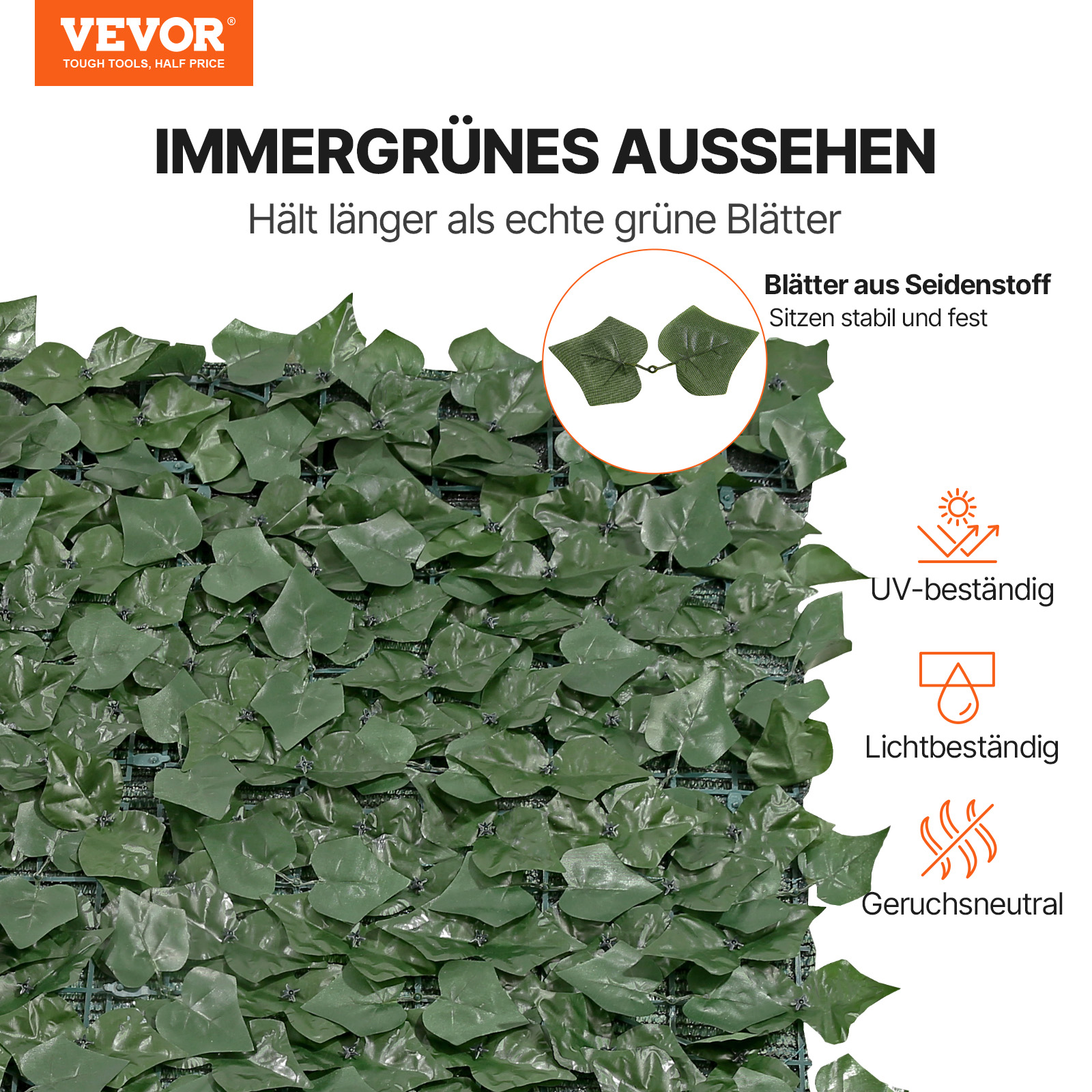 VEVOR Sichtschutzzaun 990x4010mm künstlicher grüner Sichtschutz Efeuzaun mit Netzgeweberückseite und verstärkter Verbindung, künstliche Hecken mit Weinblättern als Dekoration für Garten Hof Balkon