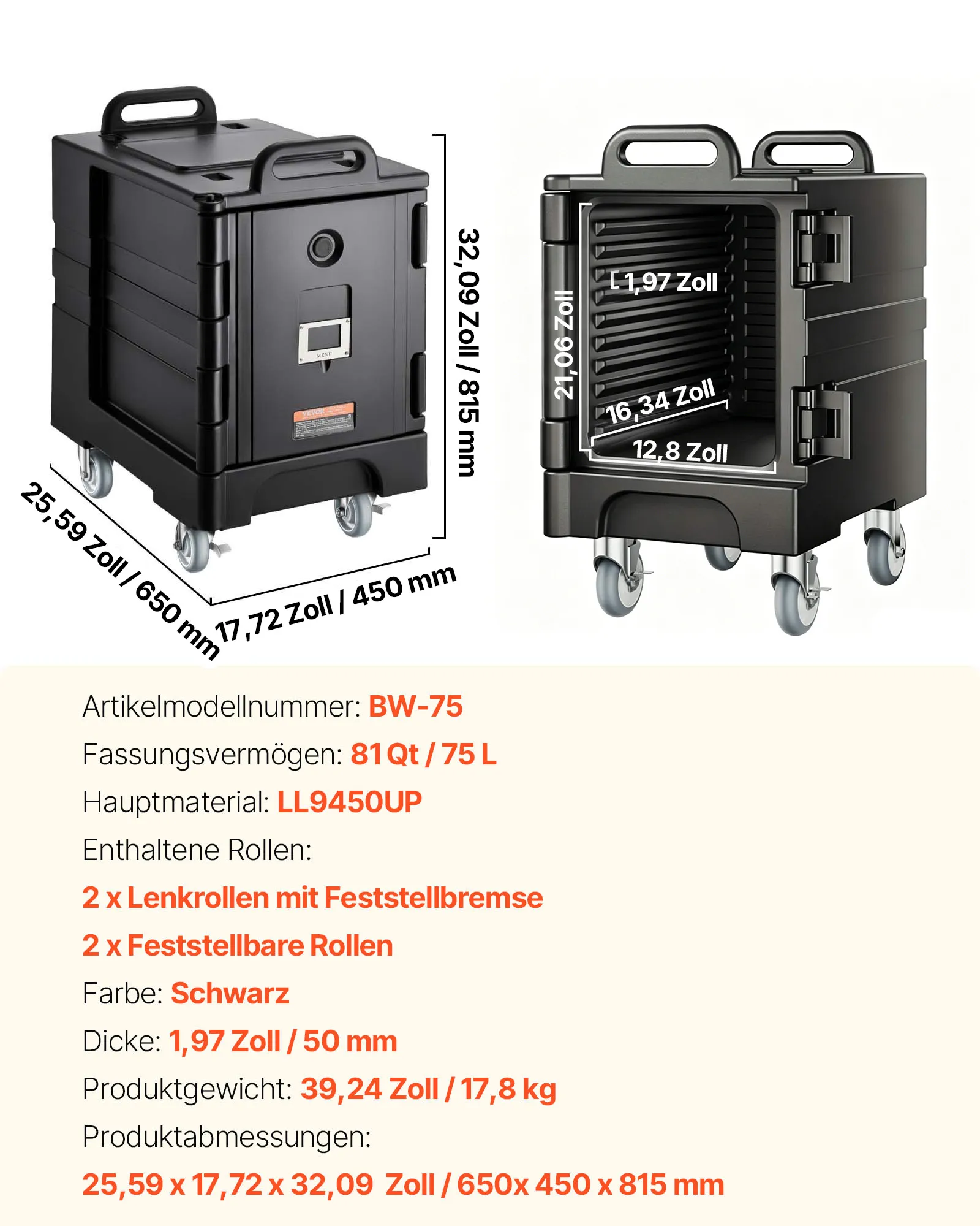 VEVOR Isolierter Speisenbehälterträger Warmhaltebox für Gastronomie 75 L, Speisenbehälter mit Doppelschnallen & Griffen, Speisenbehälterträger Lebensmitteltransportbox für Restaurant Schwarz (ohne Tablett)