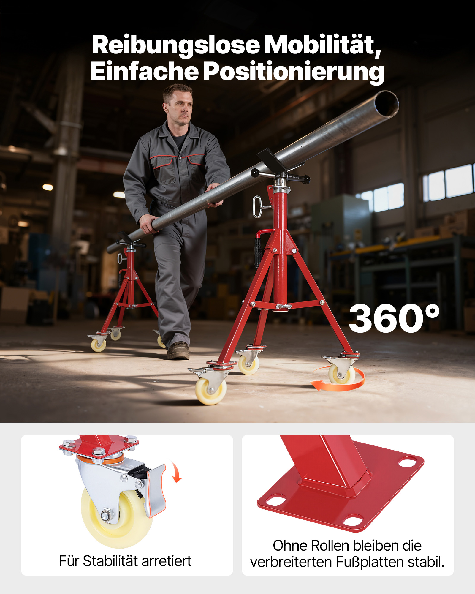 VEVOR Modell 1107A Einklappbare Rohrstütze mit V-Kopf, Rohrstütze mit 400 kg Gewichtskapazität / 0,32 - 30,48 cm Rohrkapazität, Rohrständer 71 - 131 cm verstellbar, Rohrbock Stahl mit Rollen