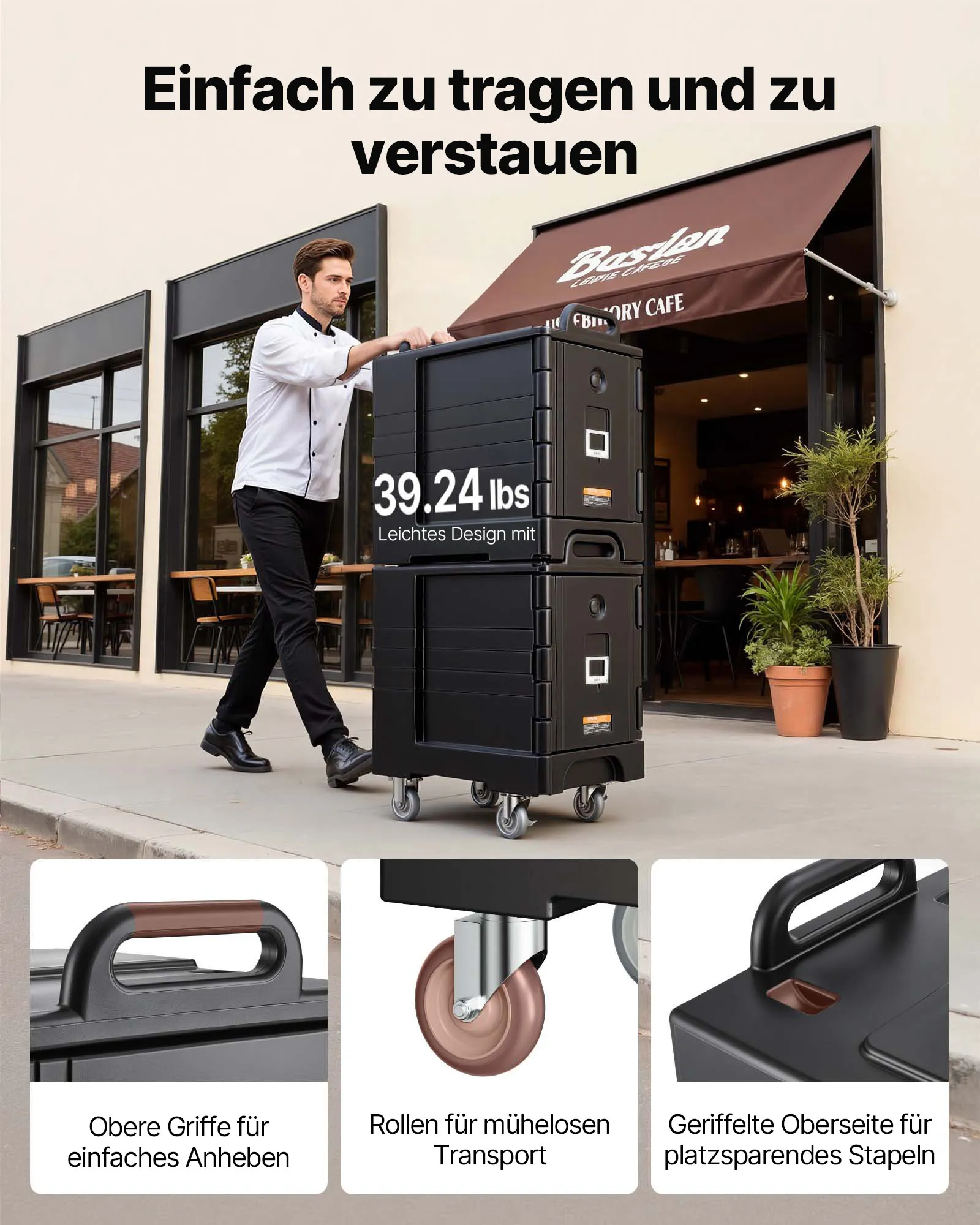 VEVOR Isolierter Speisenbehälterträger Warmhaltebox für Gastronomie 75 L, Speisenbehälter mit Doppelschnallen & Griffen, Speisenbehälterträger Lebensmitteltransportbox für Restaurant Schwarz (ohne Tablett)