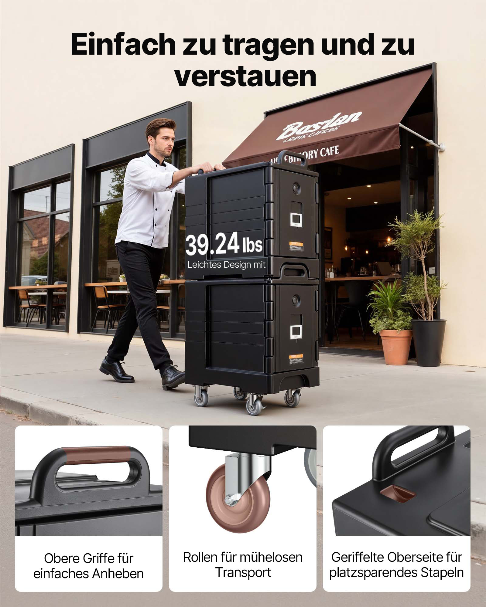 VEVOR Isolierter Speisenbehälterträger Warmhaltebox für Gastronomie 75 L, Speisenbehälter mit Doppelschnallen & Griffen, Speisenbehälterträger Lebensmitteltransportbox für Restaurant Schwarz (ohne Tablett)